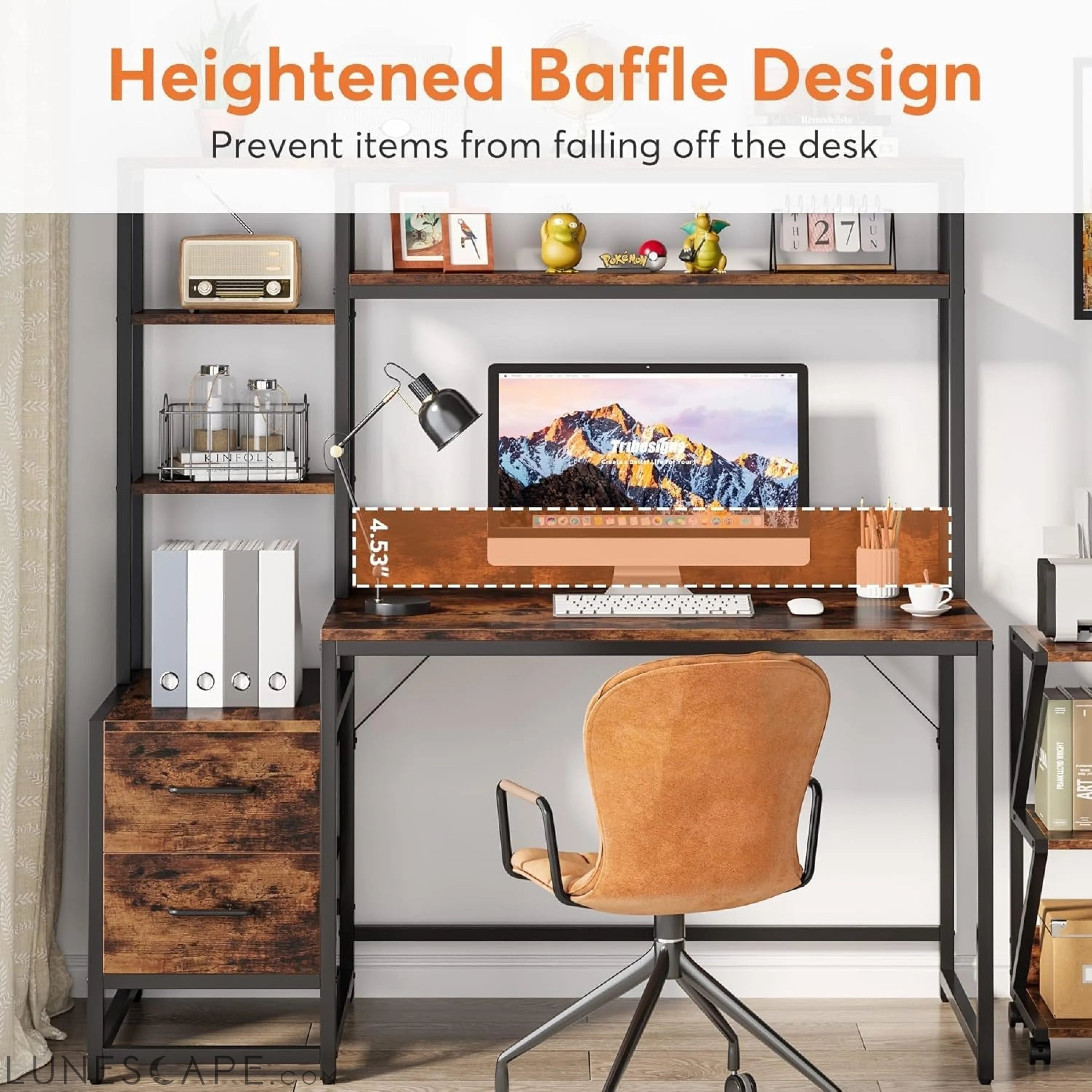 55 Inch Computer Desk with 2 Drawers and Storage Shelves, Rustic LUNESCAPE