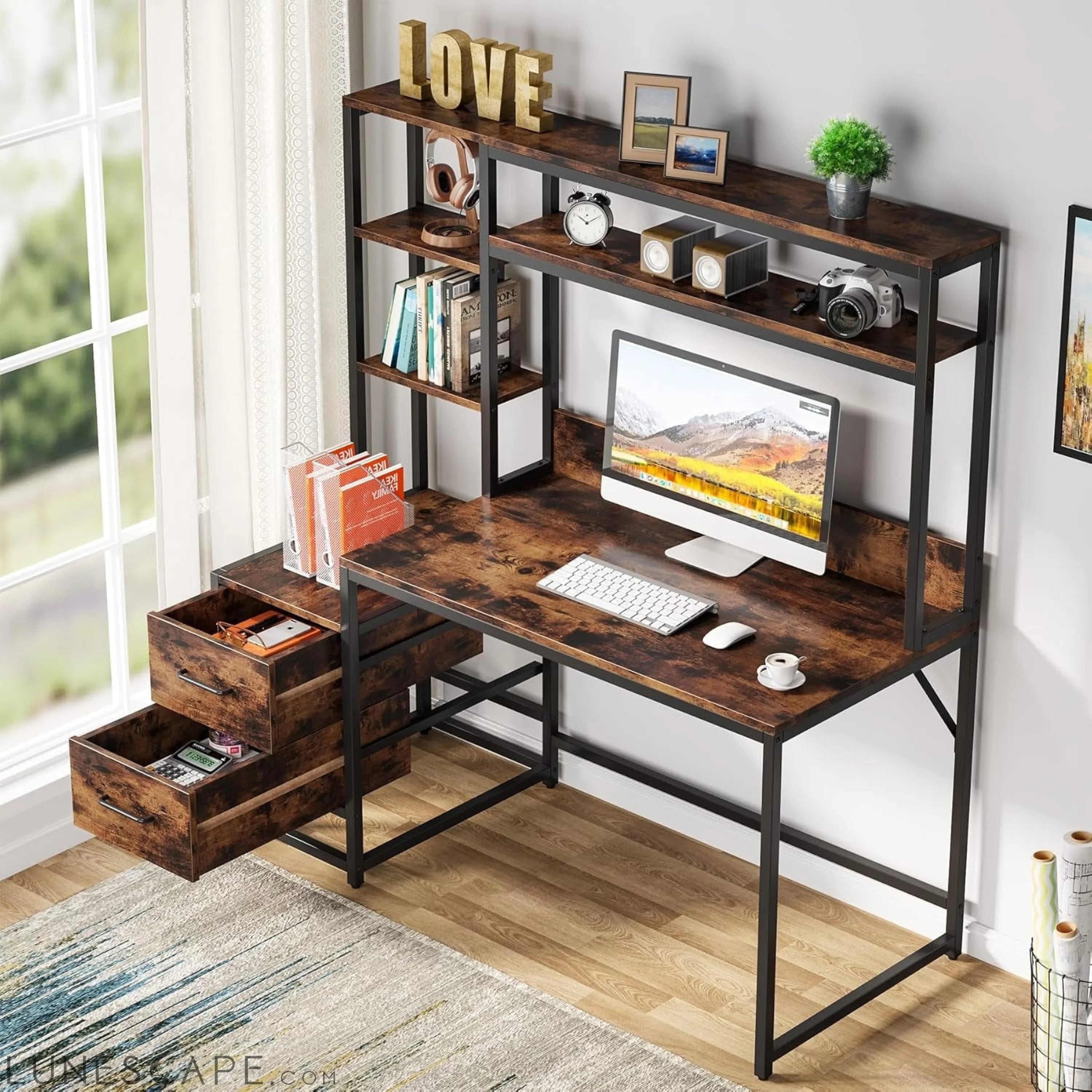 55 Inch Computer Desk with 2 Drawers and Storage Shelves, Rustic LUNESCAPE