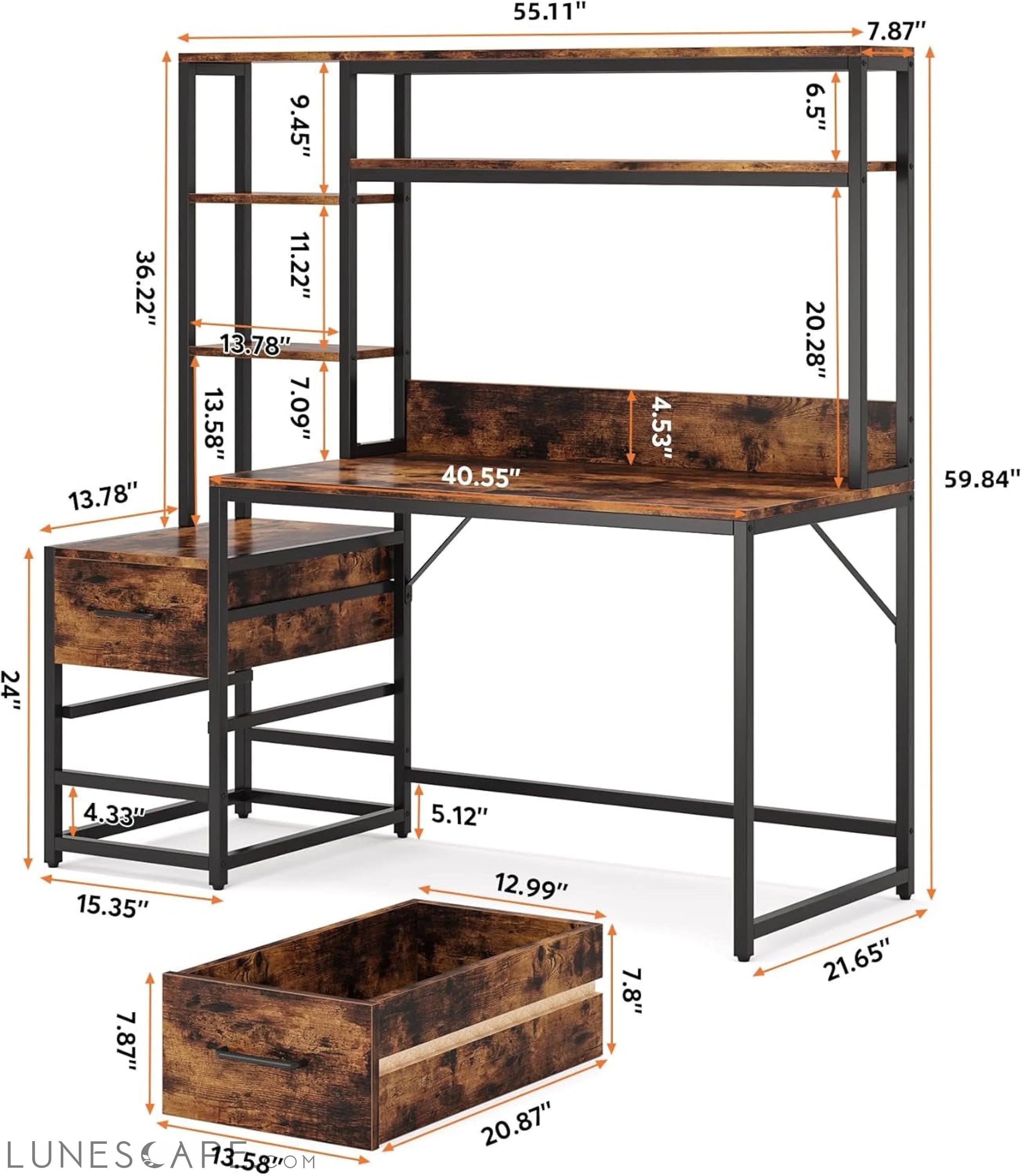 55 Inch Computer Desk with 2 Drawers and Storage Shelves, Rustic LUNESCAPE