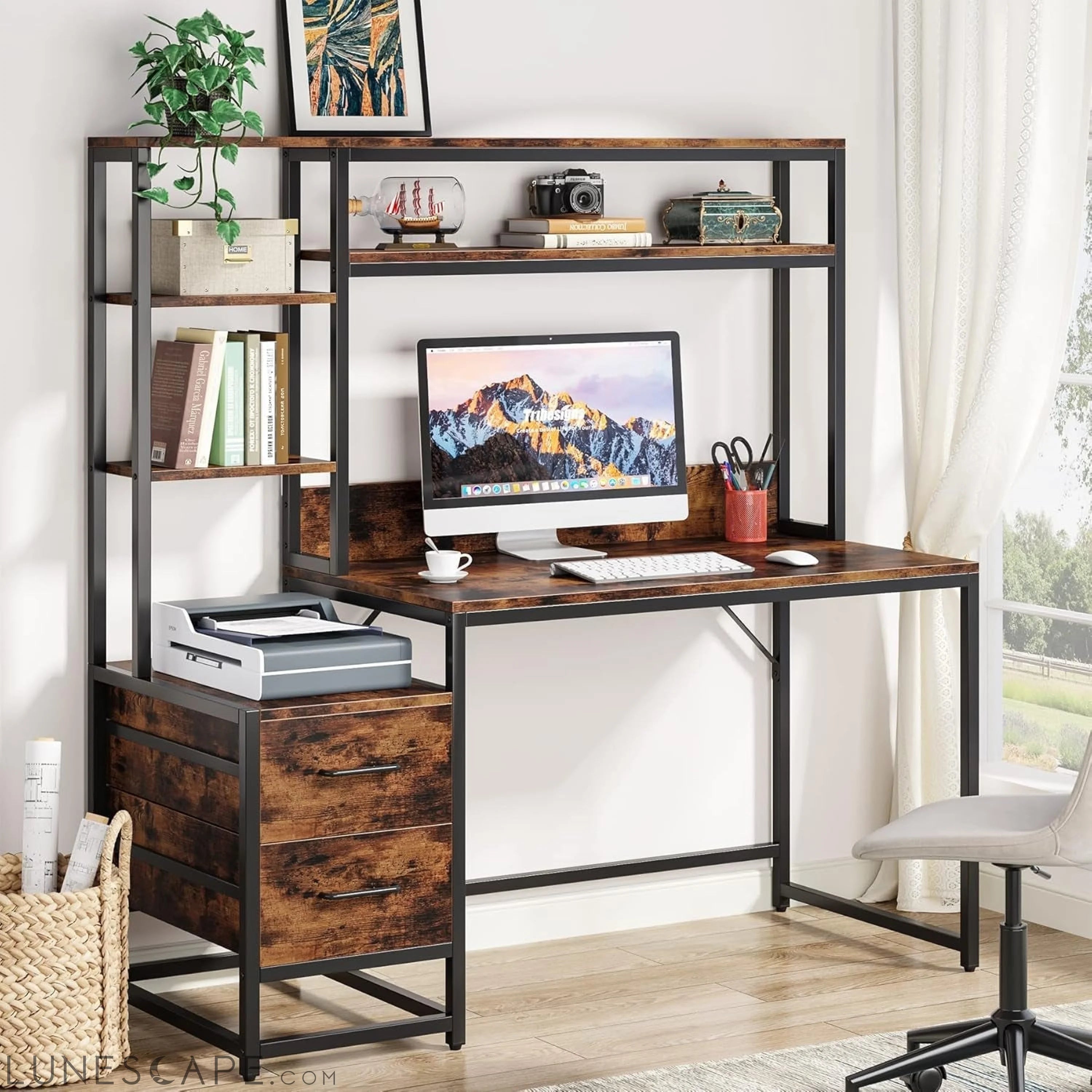 55 Inch Computer Desk with 2 Drawers and Storage Shelves, Rustic LUNESCAPE