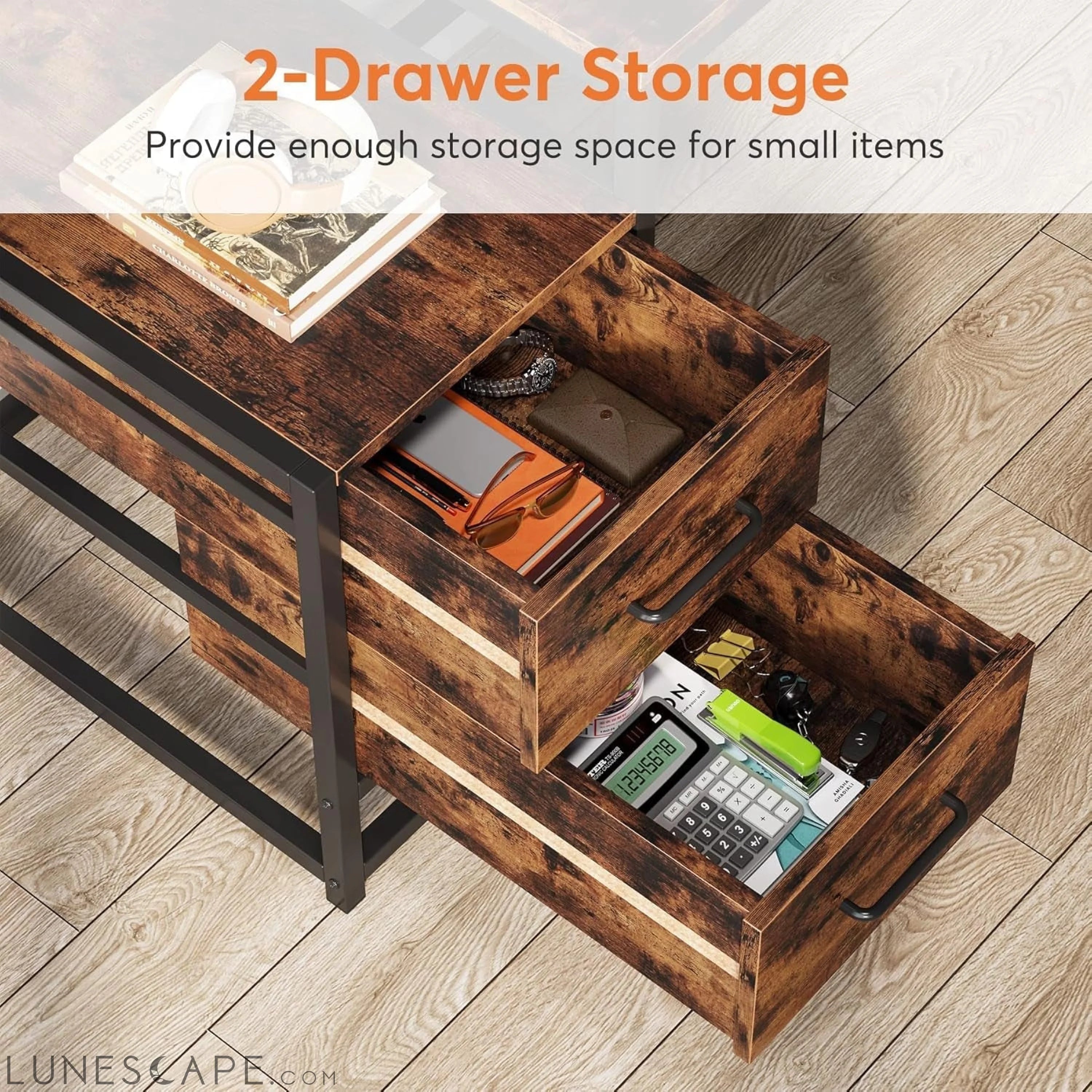 55 Inch Computer Desk with 2 Drawers and Storage Shelves, Rustic LUNESCAPE