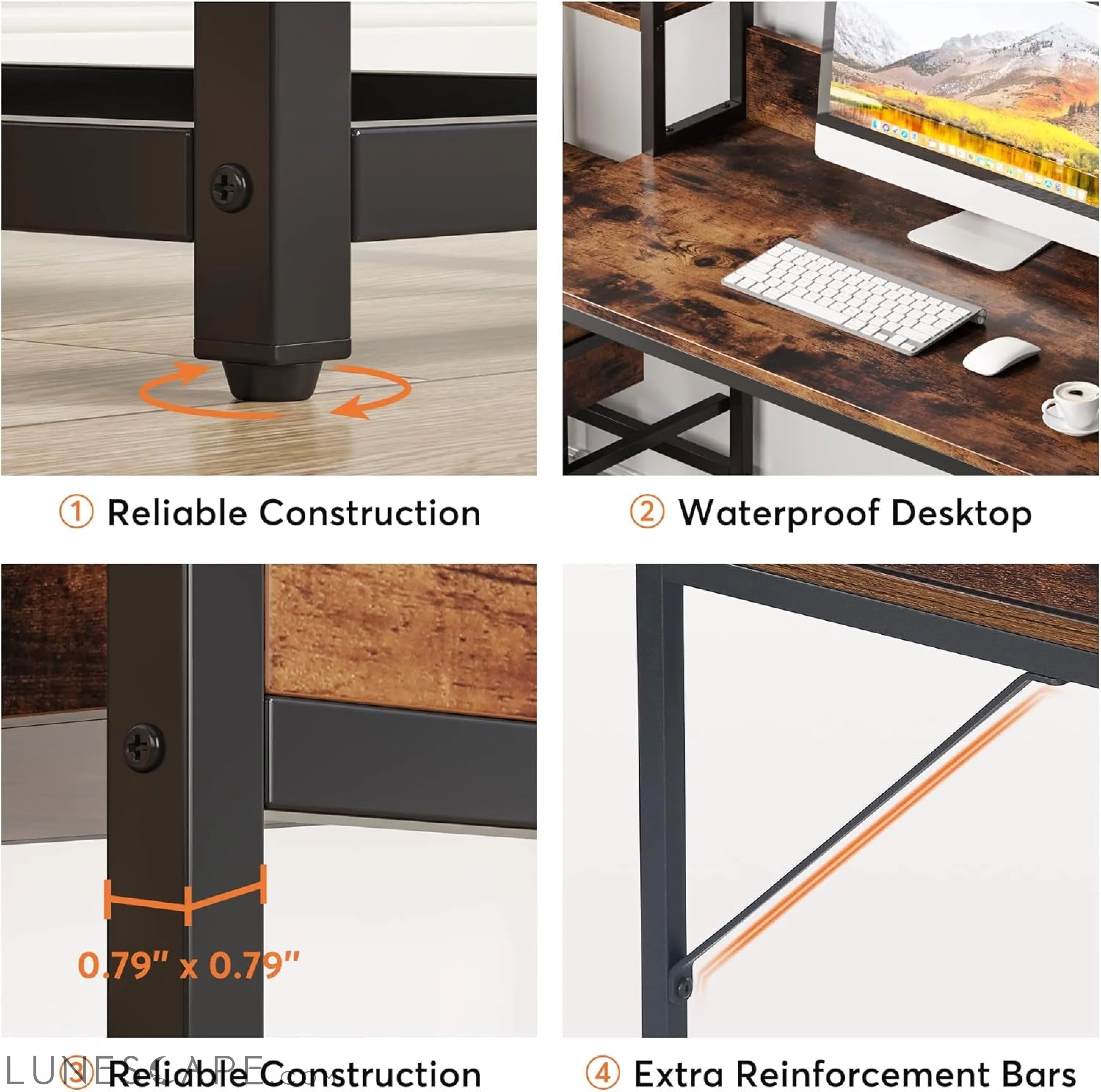 55 Inch Computer Desk with 2 Drawers and Storage Shelves, Rustic LUNESCAPE