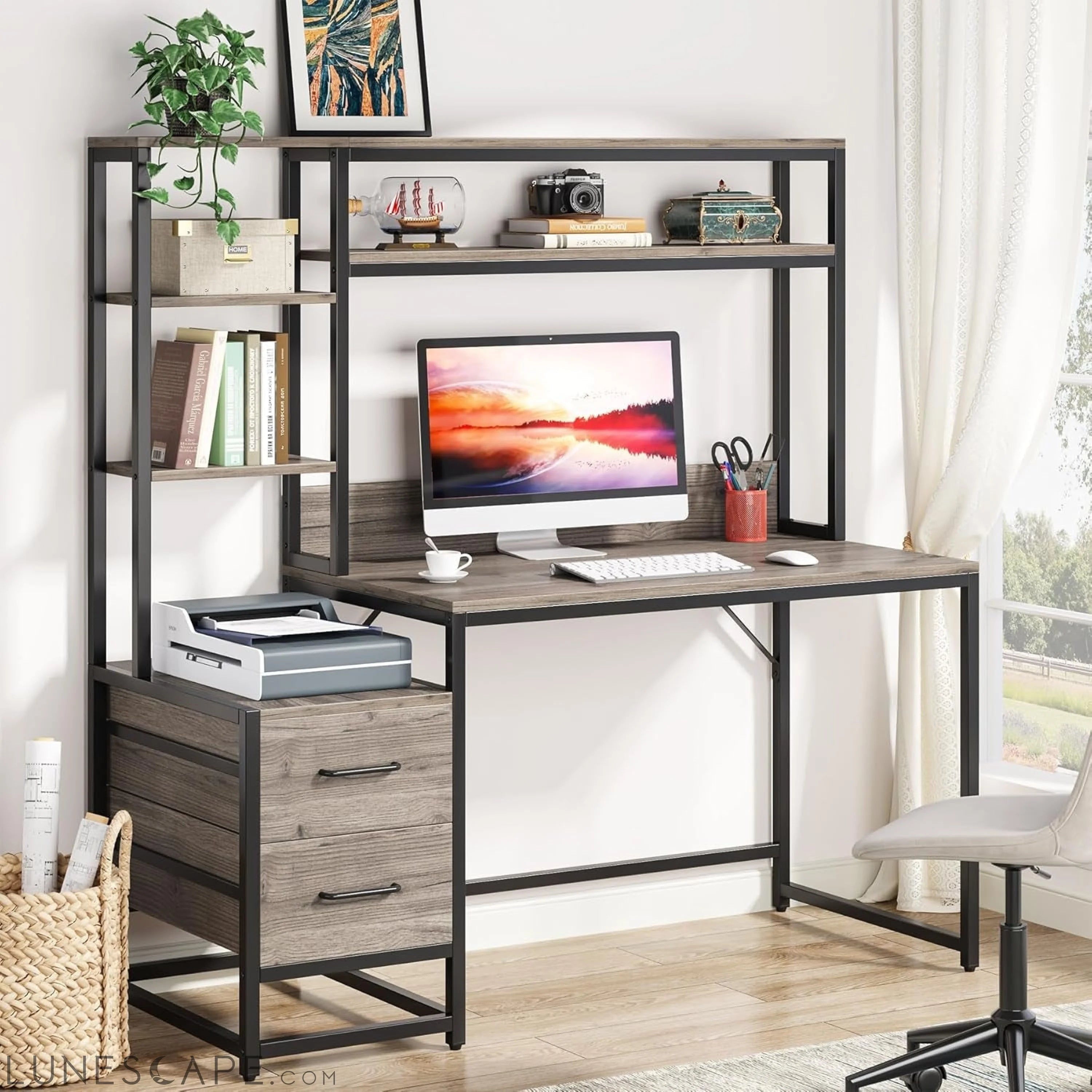 55 Inch Computer Desk with 2 Drawers and Storage Shelves, Rustic LUNESCAPE