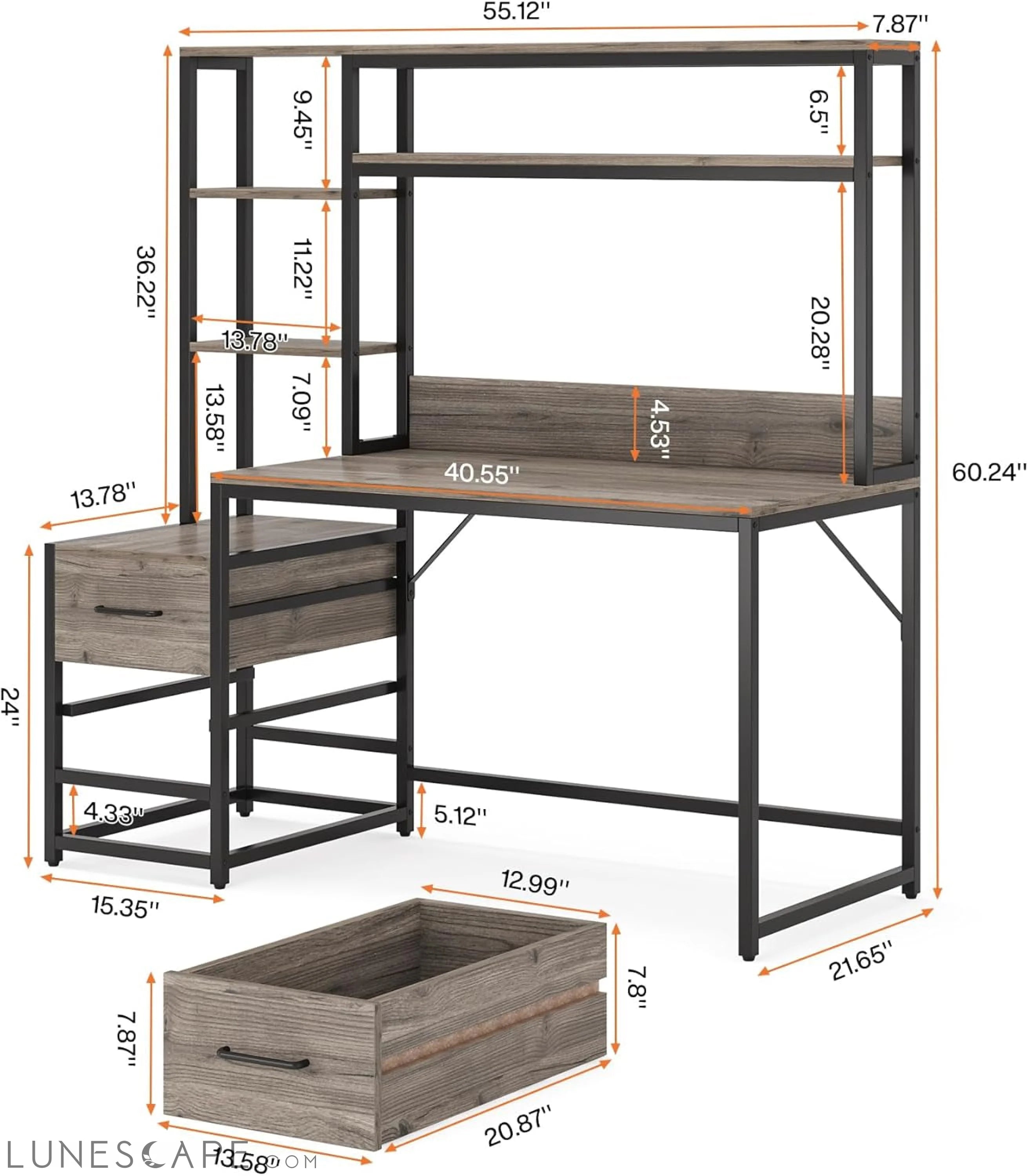 55 Inch Computer Desk with 2 Drawers and Storage Shelves, Rustic LUNESCAPE
