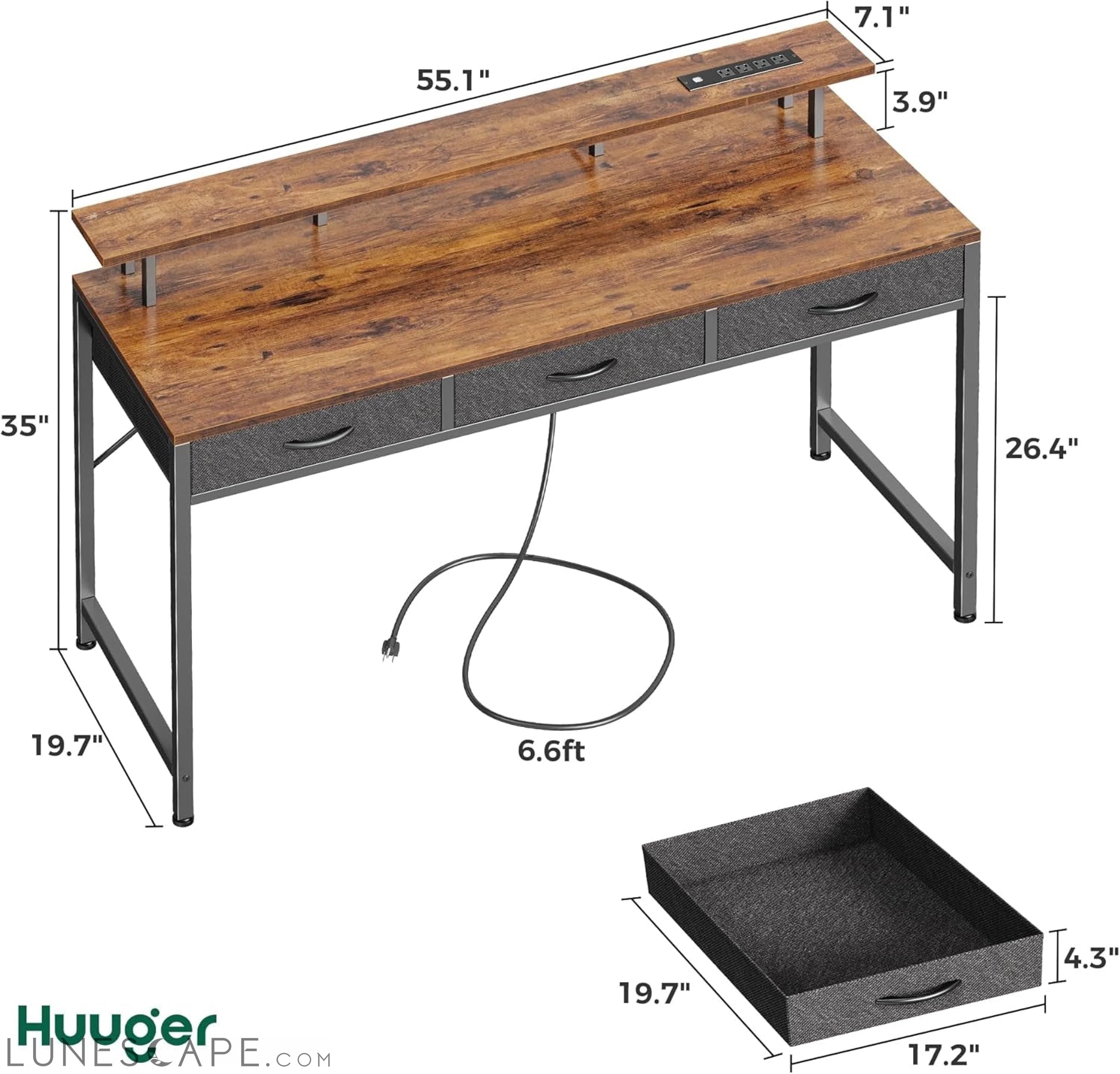 55 Inch Computer Desk with 3 Drawers, Office Desk Gaming Desk with LED LUNESCAPE