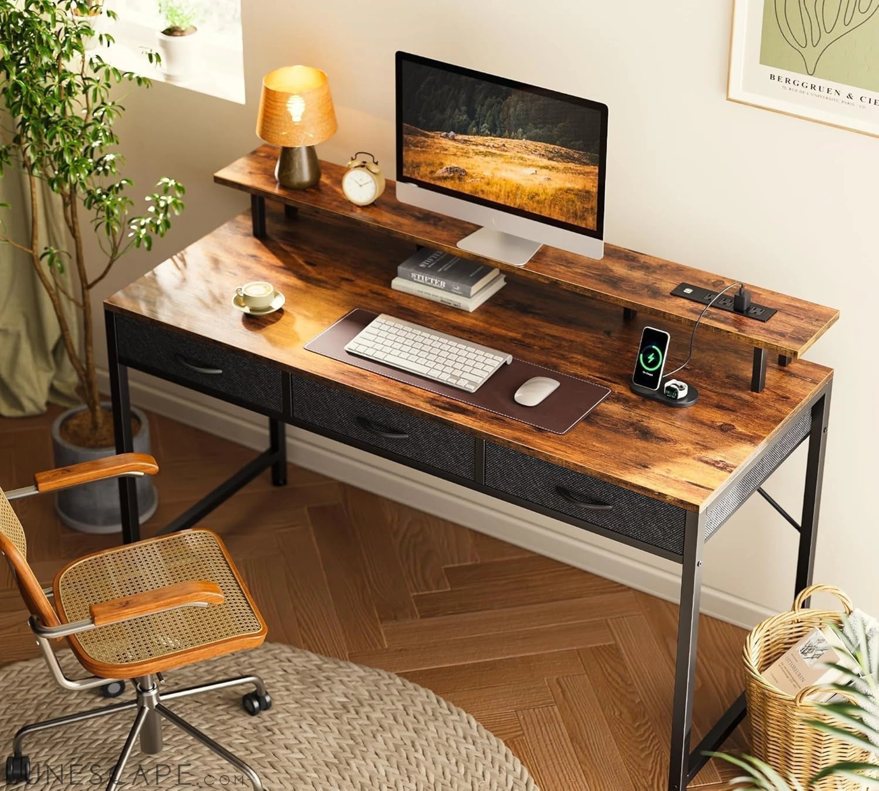 55 Inch Computer Desk with 3 Drawers, Office Desk Gaming Desk with LED LUNESCAPE