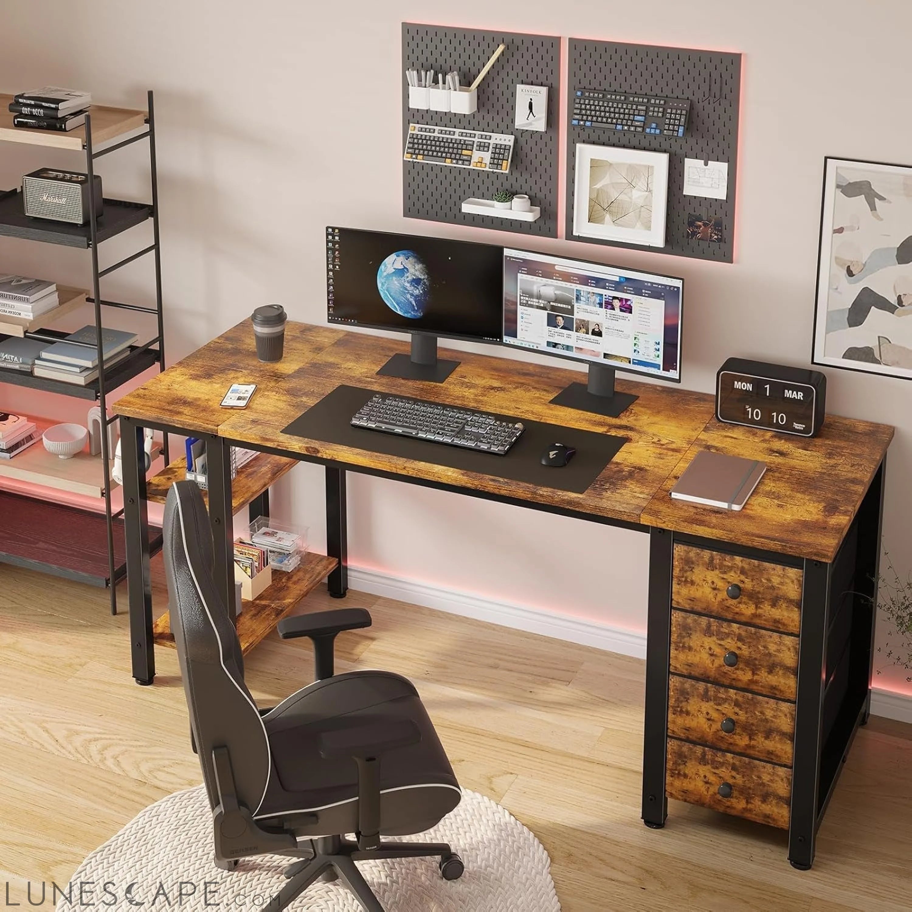 55 Inch Computer Desk with 4 Fabric Drawers & Storage Shelves, Writing LUNESCAPE