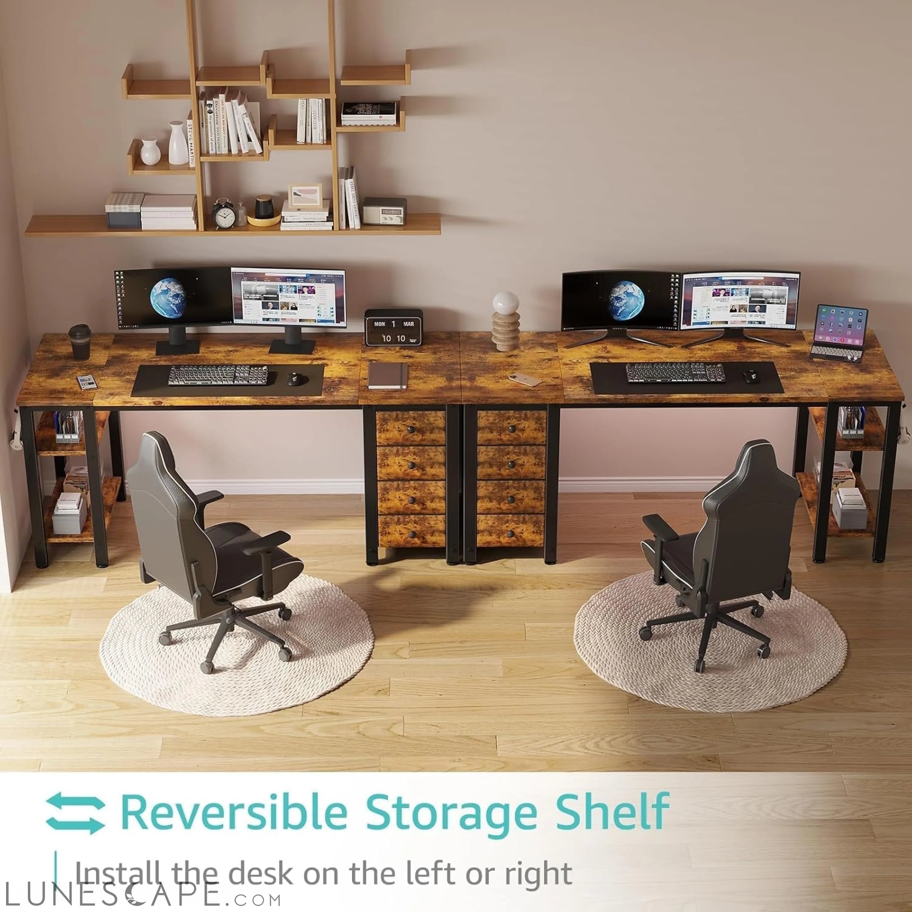 55 Inch Computer Desk with 4 Fabric Drawers & Storage Shelves, Writing LUNESCAPE
