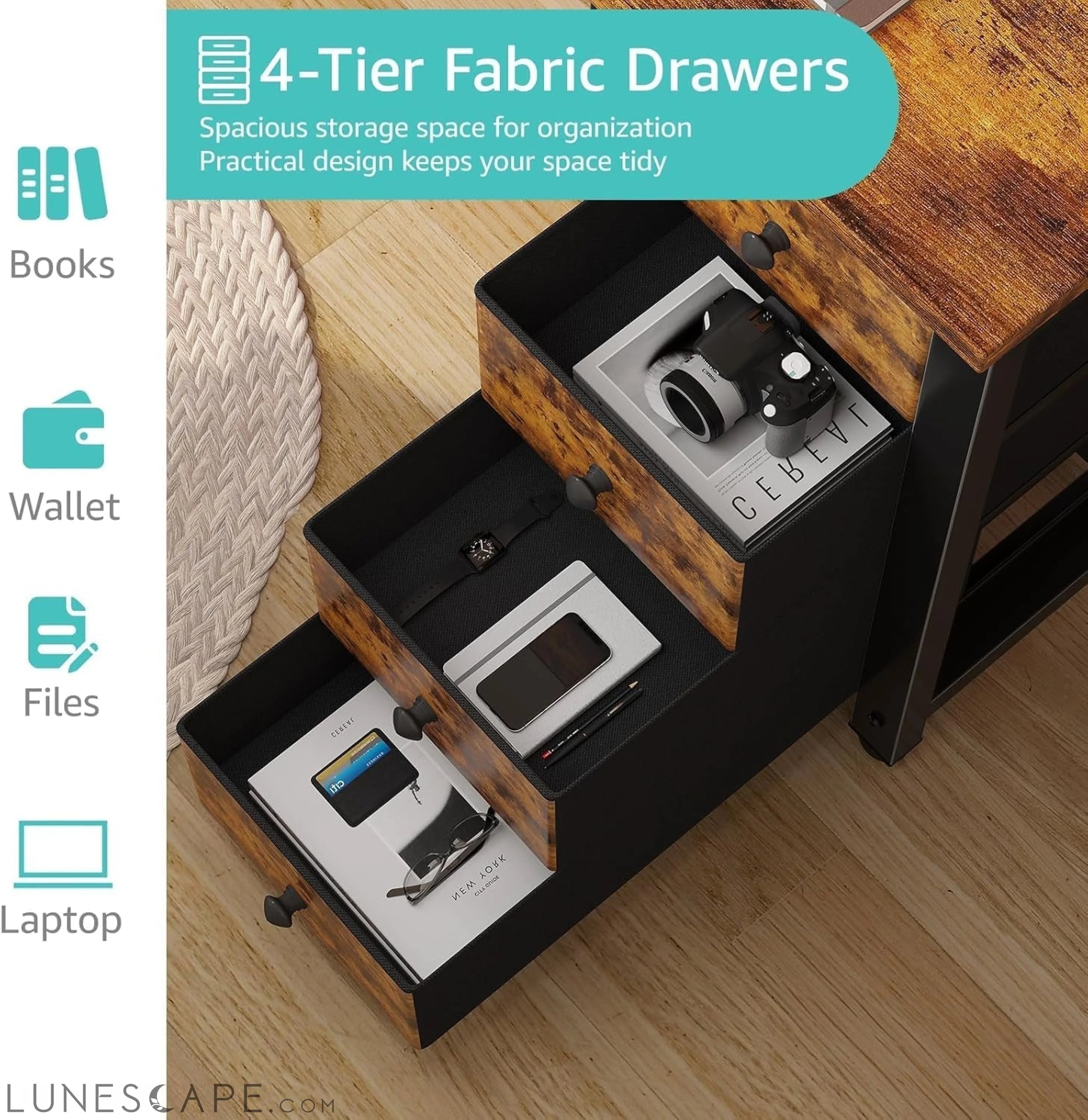 55 Inch Computer Desk with 4 Fabric Drawers & Storage Shelves, Writing LUNESCAPE
