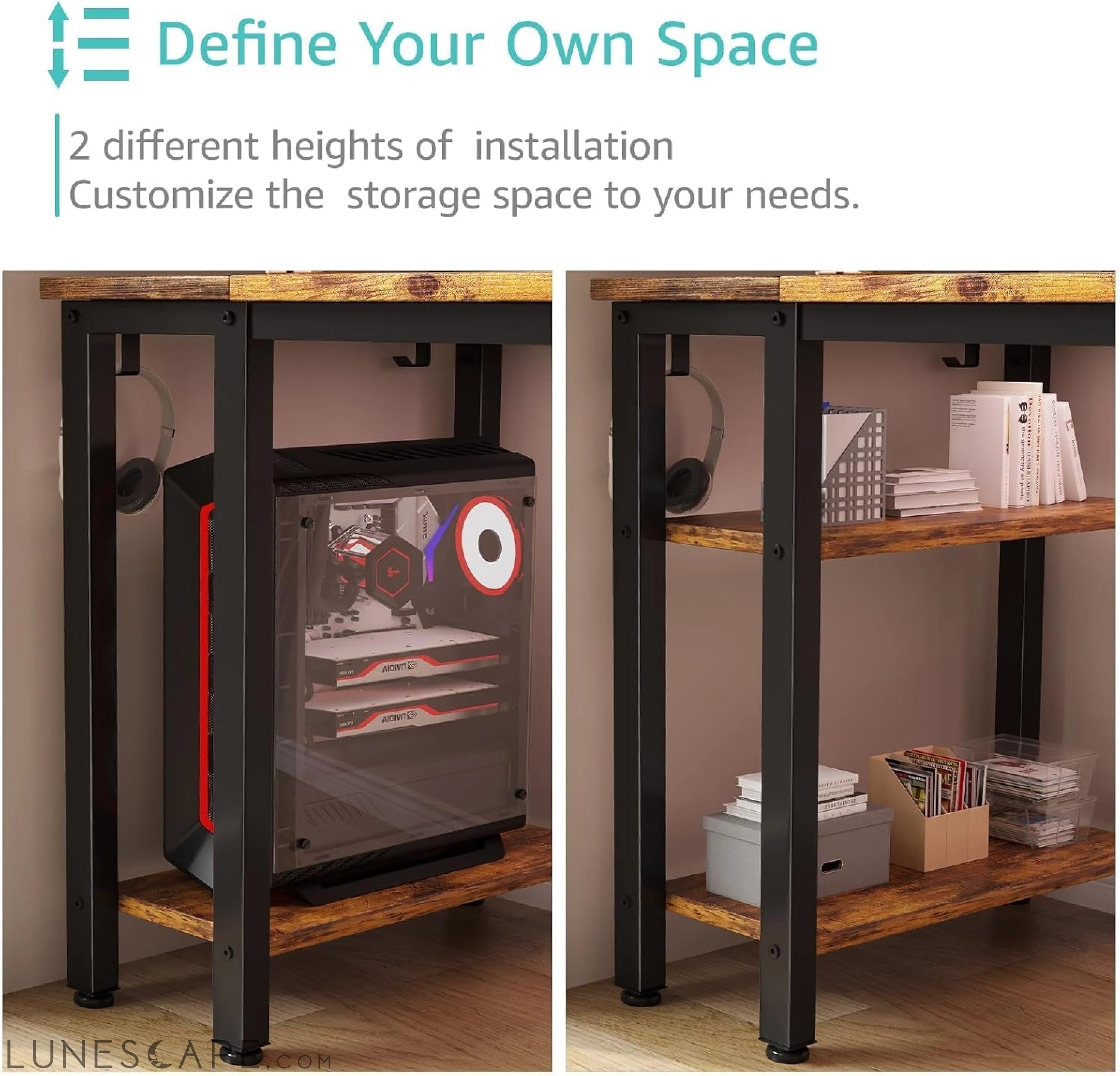 55 Inch Computer Desk with 4 Fabric Drawers & Storage Shelves, Writing LUNESCAPE
