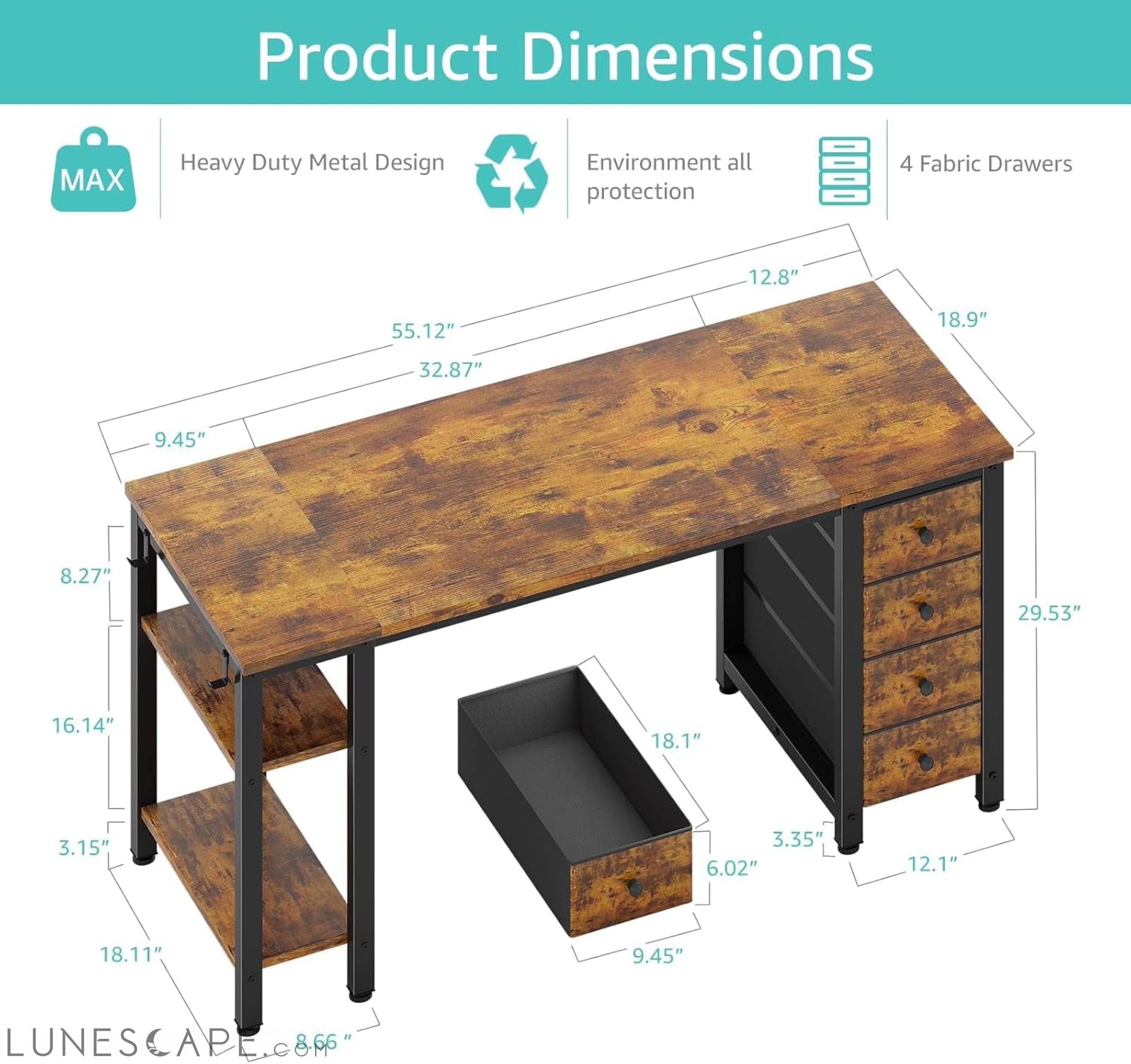55 Inch Computer Desk with 4 Fabric Drawers & Storage Shelves, Writing LUNESCAPE