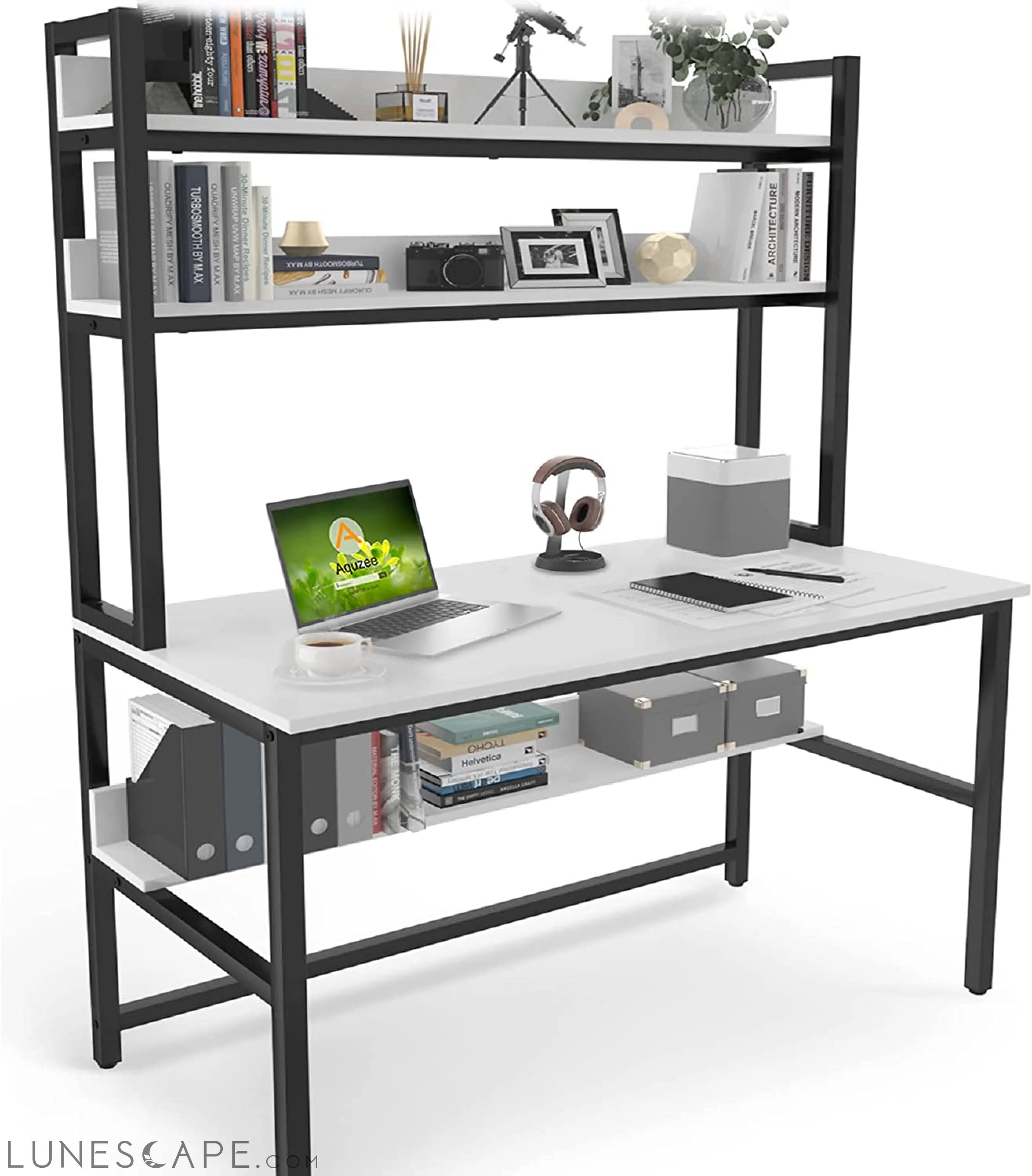 55-Inch White Desk with Hutch and Bookshelf LUNESCAPE