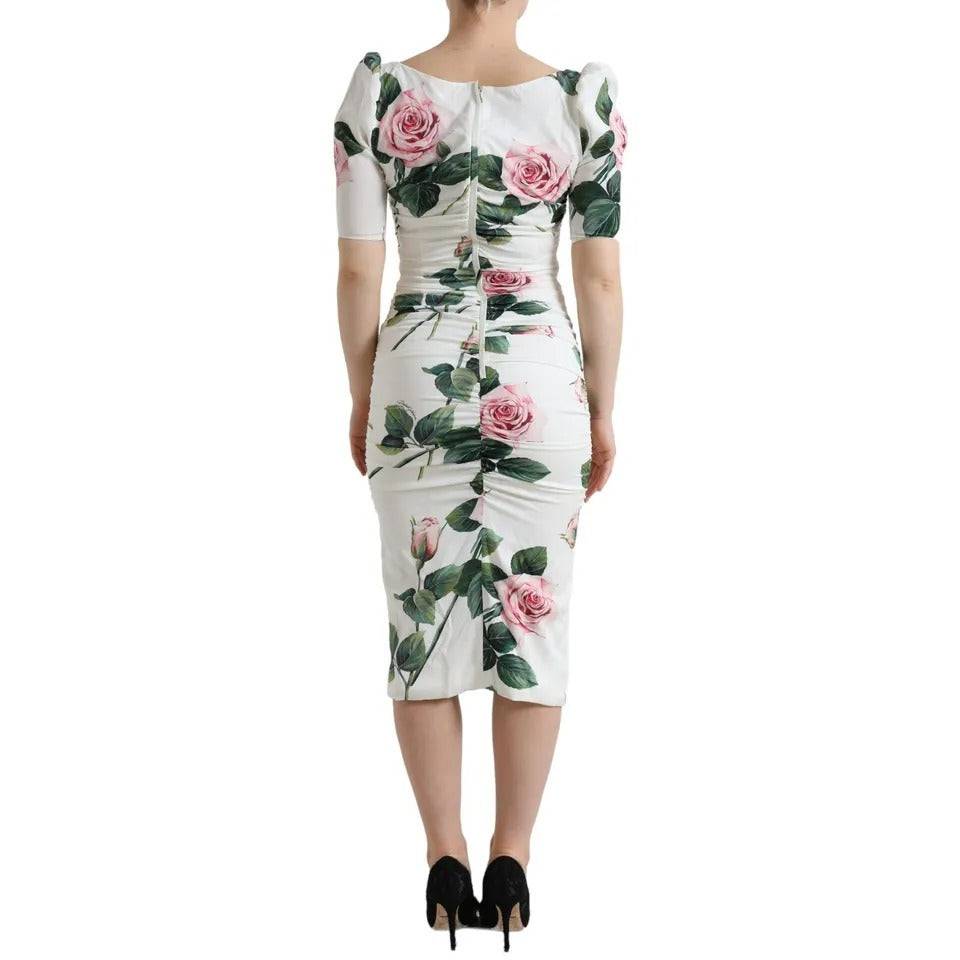 Dolce & Gabbana White Roses Print Stretch Silk Pleated Dress LUNESCAPE