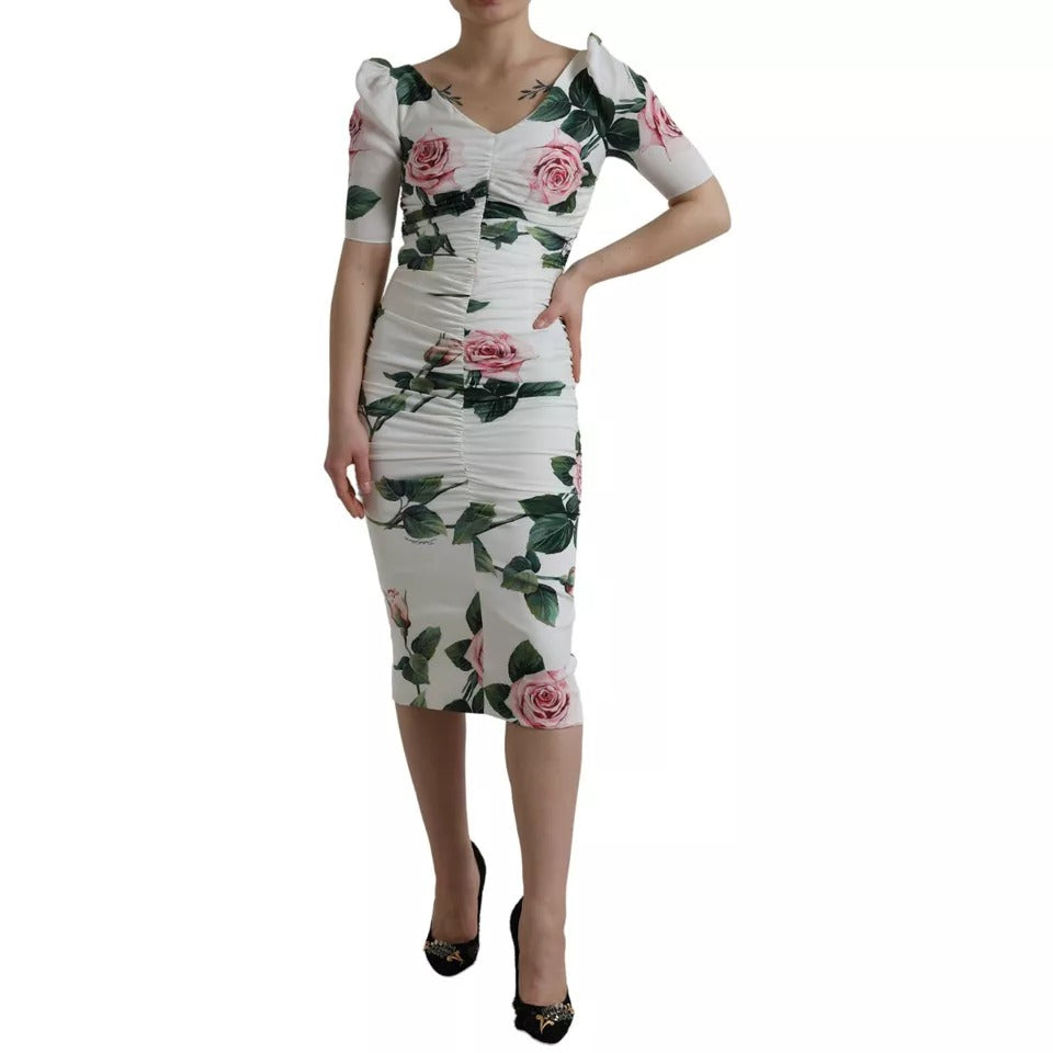 Dolce & Gabbana White Roses Print Stretch Silk Pleated Dress LUNESCAPE