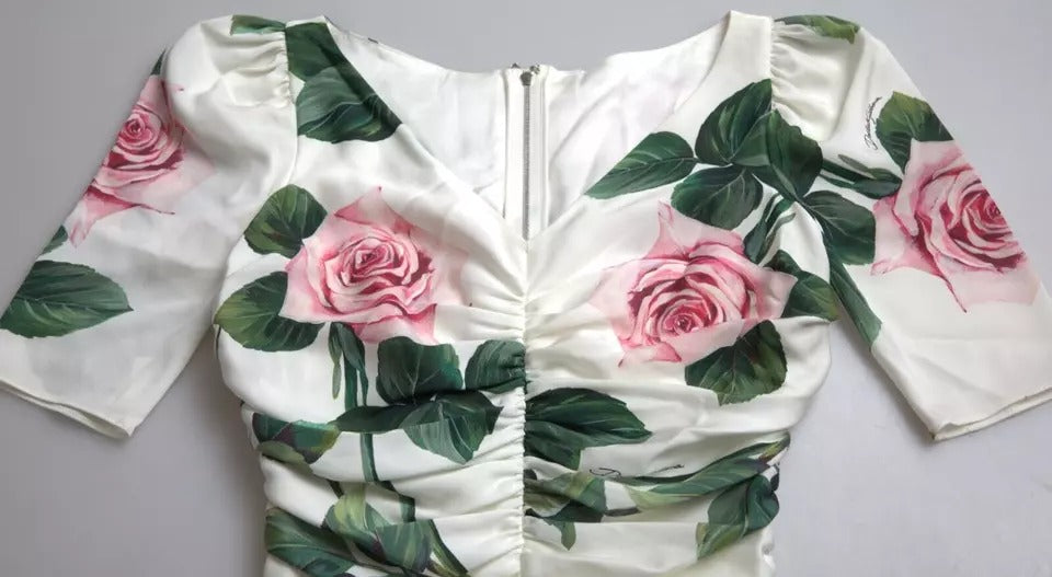 Dolce & Gabbana White Roses Print Stretch Silk Pleated Dress LUNESCAPE