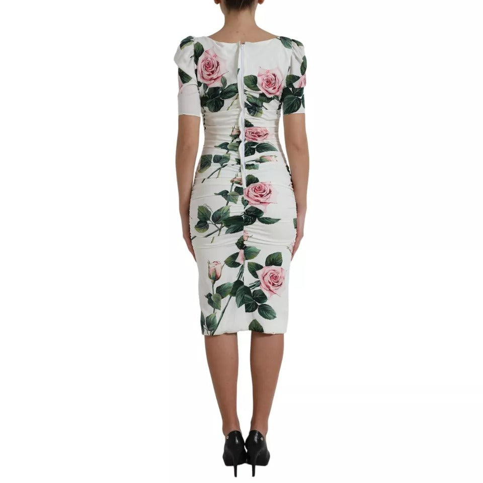Dolce & Gabbana White Roses Print Stretch Silk Pleated Dress LUNESCAPE