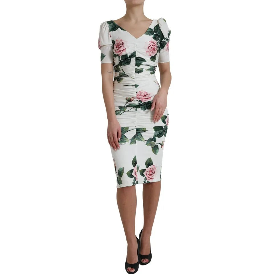 Dolce & Gabbana White Roses Print Stretch Silk Pleated Dress LUNESCAPE