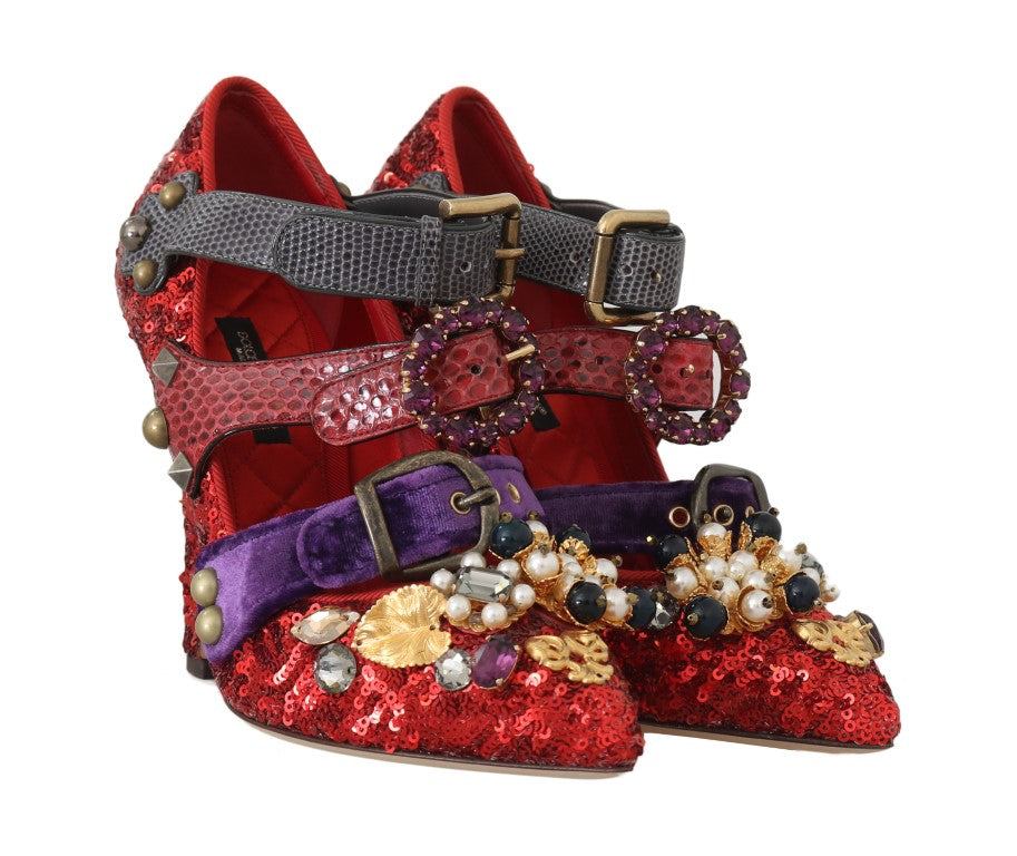 Dolce & Gabbana Red Sequined Crystal Studs Heels Shoes LUNESCAPE