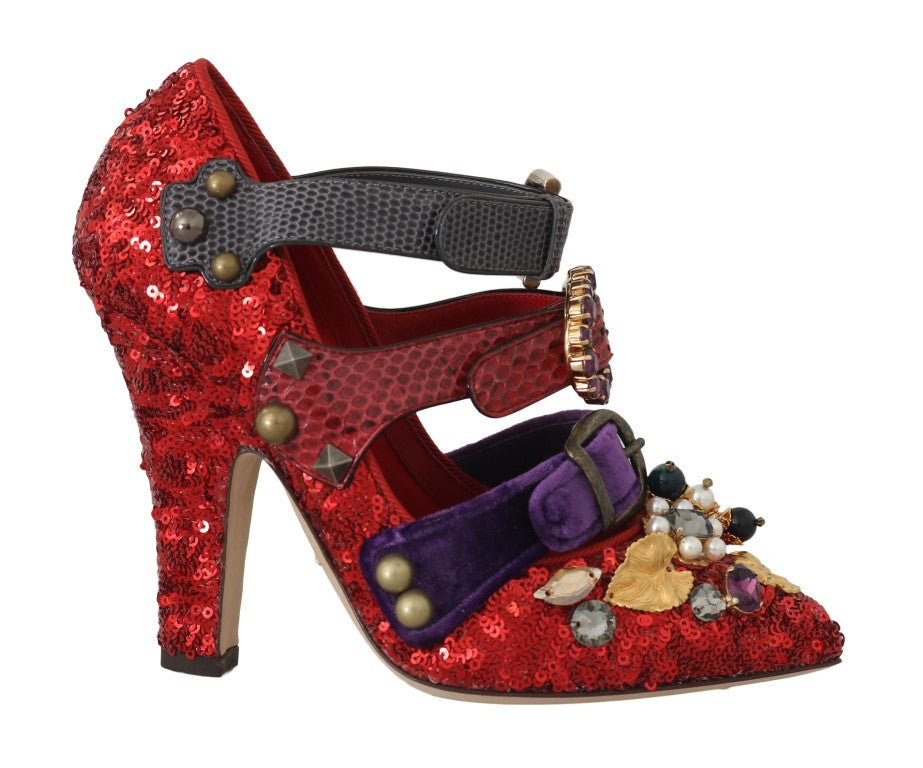 Dolce & Gabbana Red Sequined Crystal Studs Heels Shoes LUNESCAPE