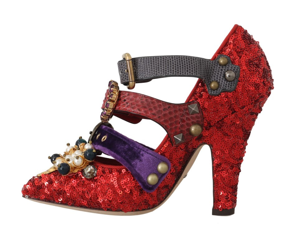 Dolce & Gabbana Red Sequined Crystal Studs Heels Shoes LUNESCAPE