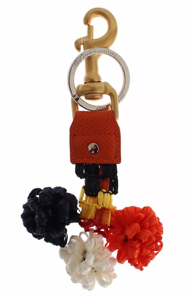 Dolce & Gabbana Brown Gold Raffia Leather Clasp Finder Chain Keyring LUNESCAPE