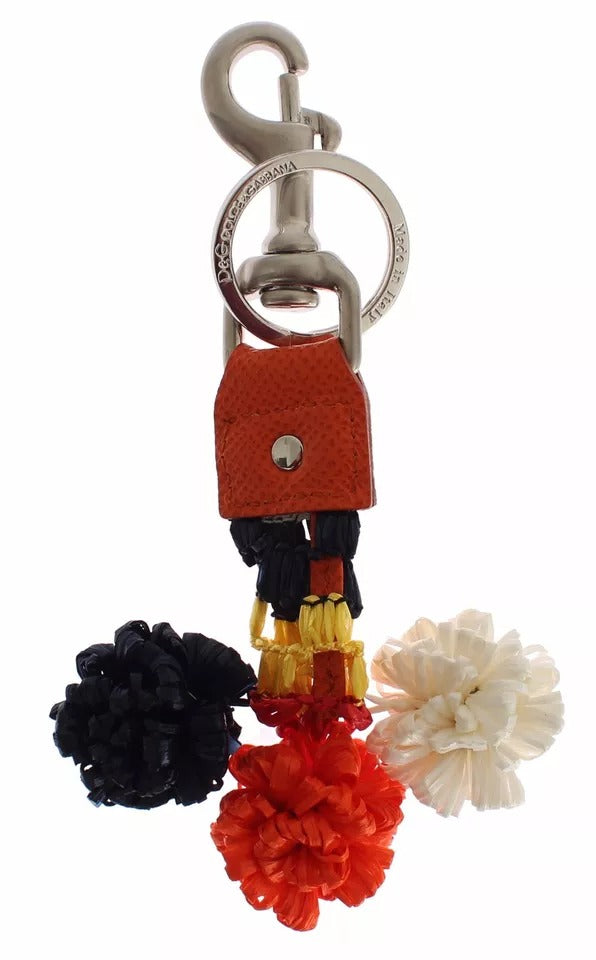 Dolce & Gabbana Silver Brown Raffia Leather Clasp Finder Chain Keyring LUNESCAPE