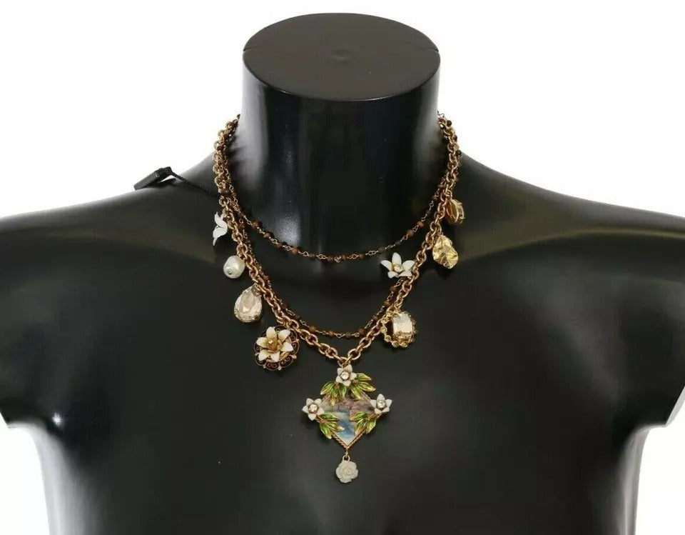 Dolce & Gabbana Gold Brass Crystal Floral Statement Charms Necklace LUNESCAPE