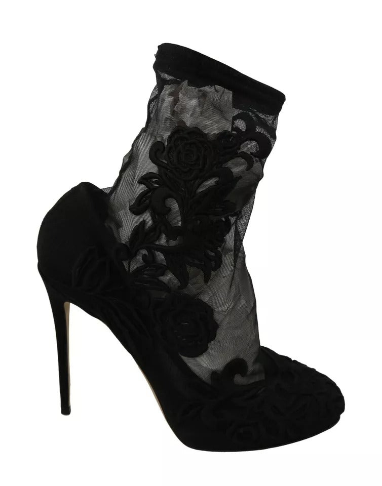 Dolce & Gabbana Black Tulle Stretch Floral Booties Shoes LUNESCAPE