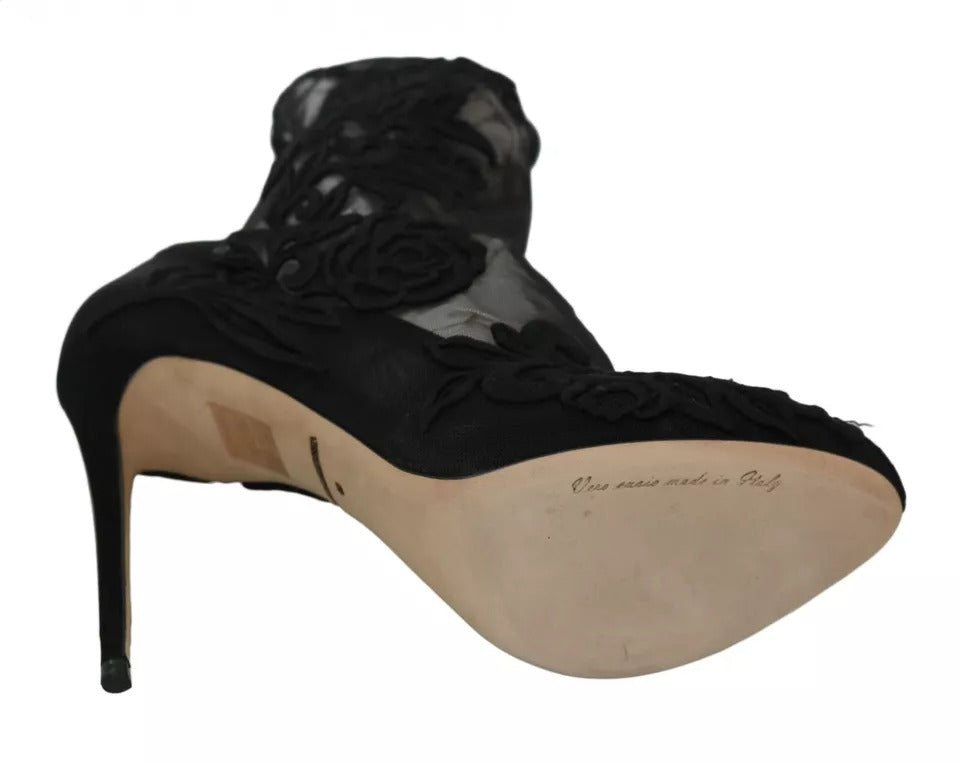 Dolce & Gabbana Black Tulle Stretch Floral Booties Shoes LUNESCAPE