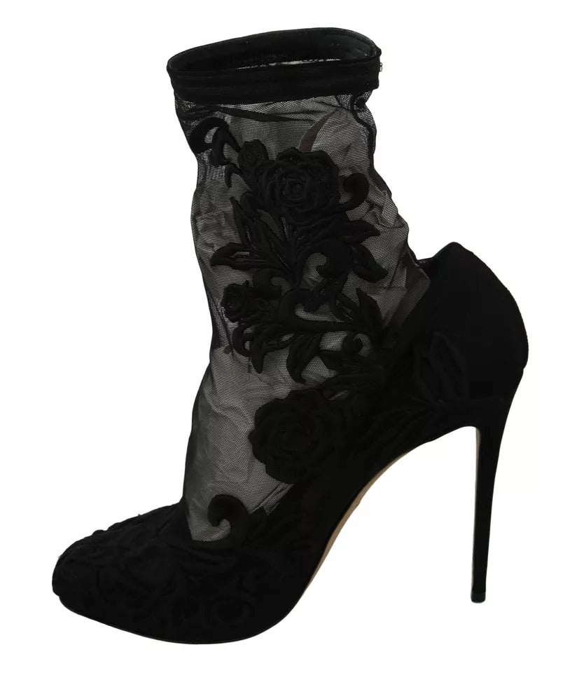 Dolce & Gabbana Black Tulle Stretch Floral Booties Shoes LUNESCAPE