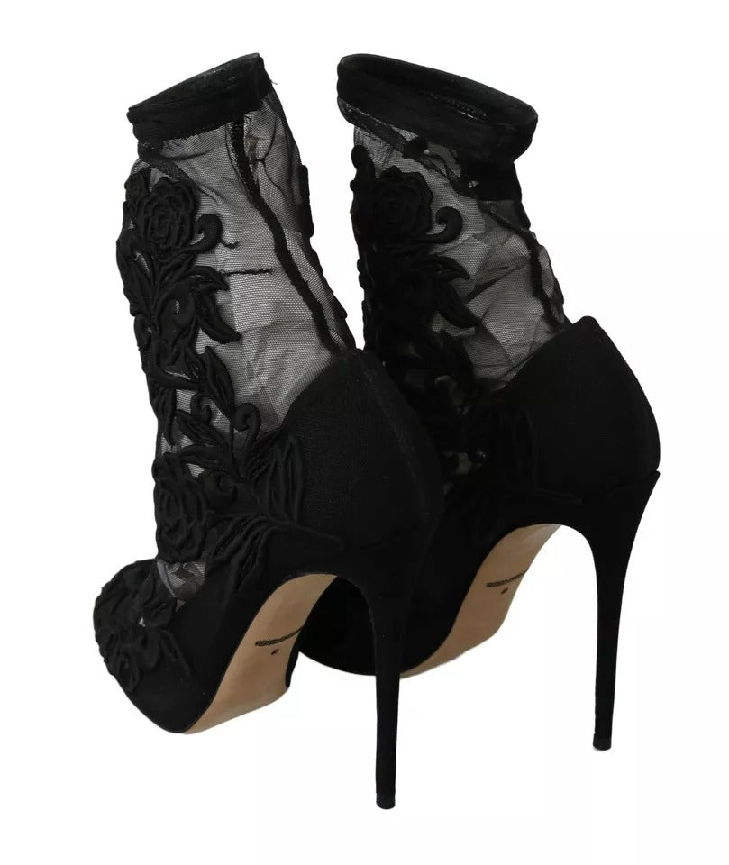 Dolce & Gabbana Black Tulle Stretch Floral Booties Shoes LUNESCAPE