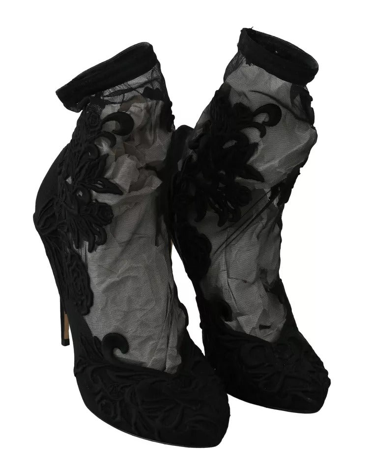 Dolce & Gabbana Black Tulle Stretch Floral Booties Shoes LUNESCAPE