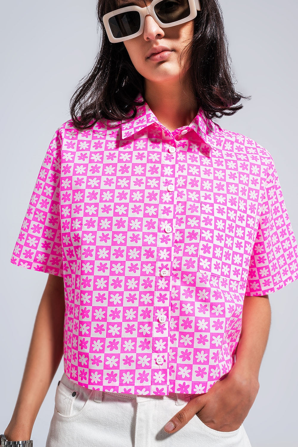 90s Cropped Button Through Pink Shirt LUNESCAPE