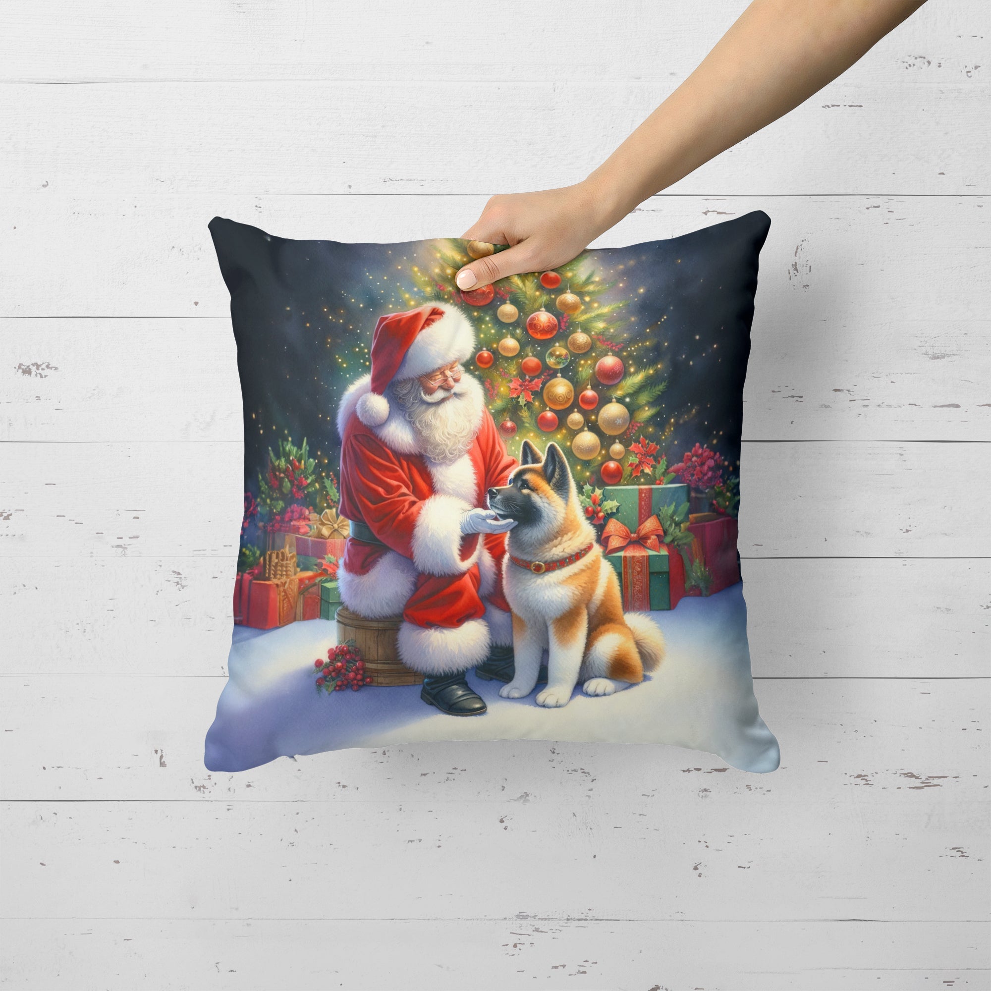 Akita and Santa Claus Throw Pillow LUNESCAPE