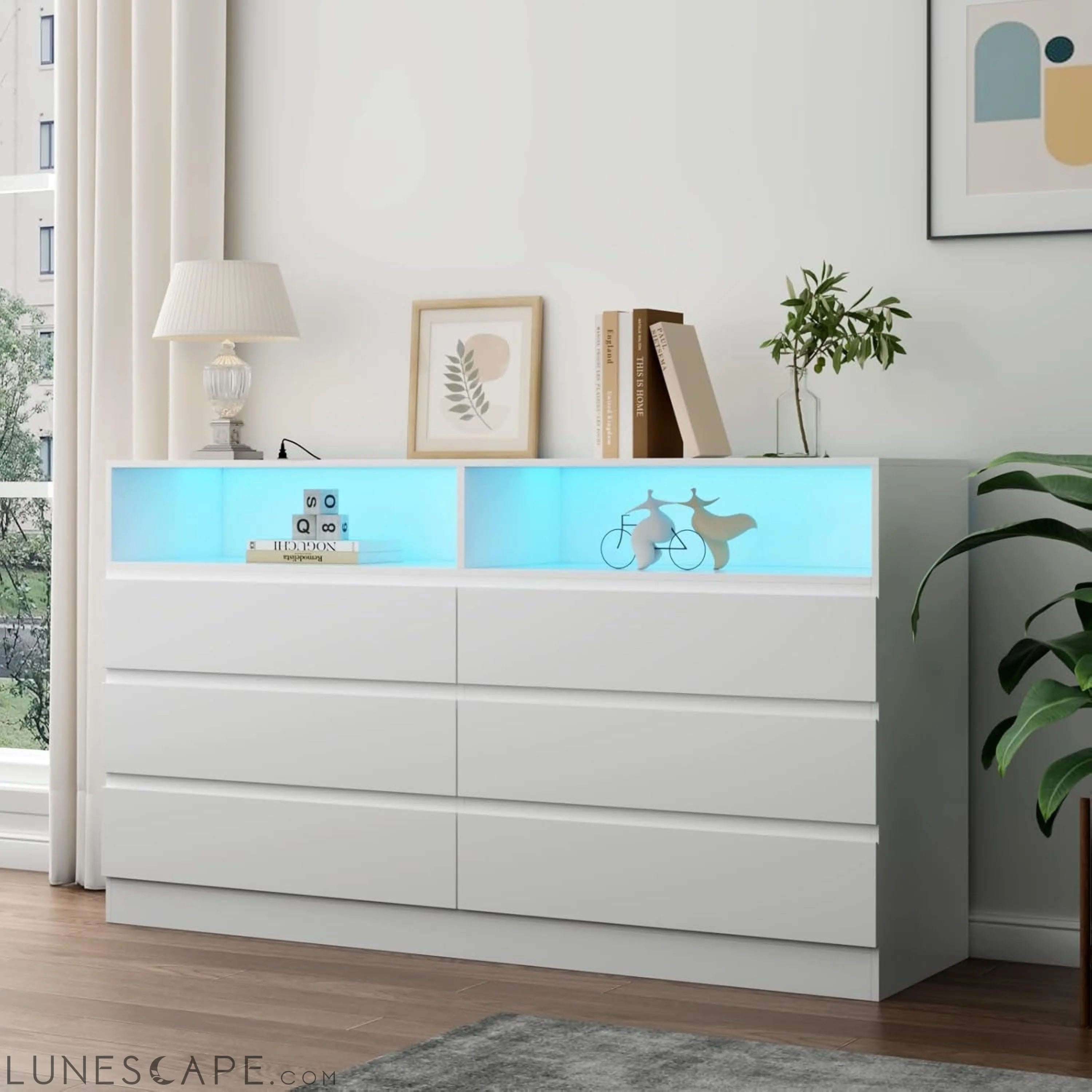 6 Drawer Double Dresser with Power Outlet, Accent Chests of Drawers LUNESCAPE