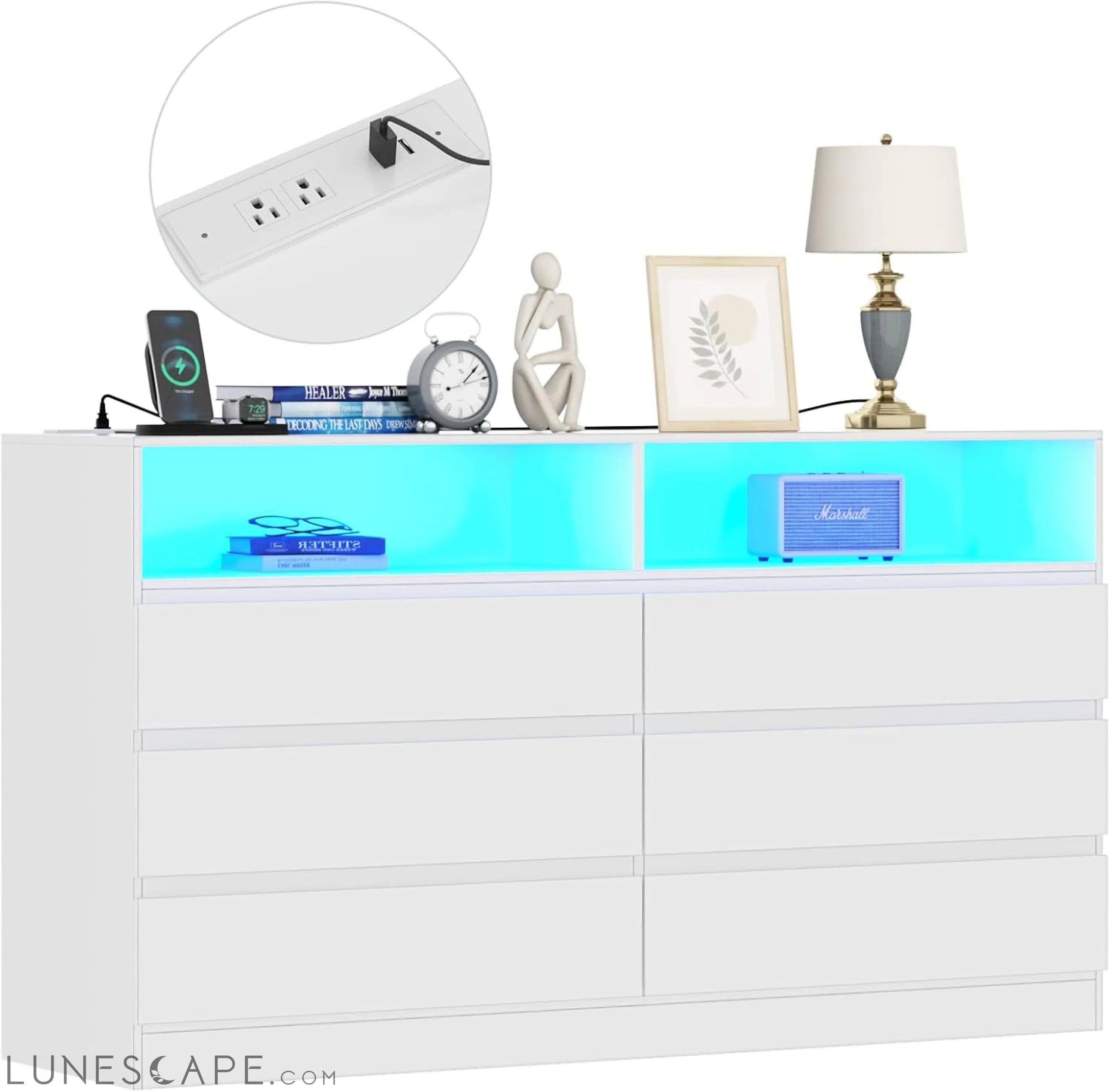 6 Drawer Double Dresser with Power Outlet, Accent Chests of Drawers LUNESCAPE