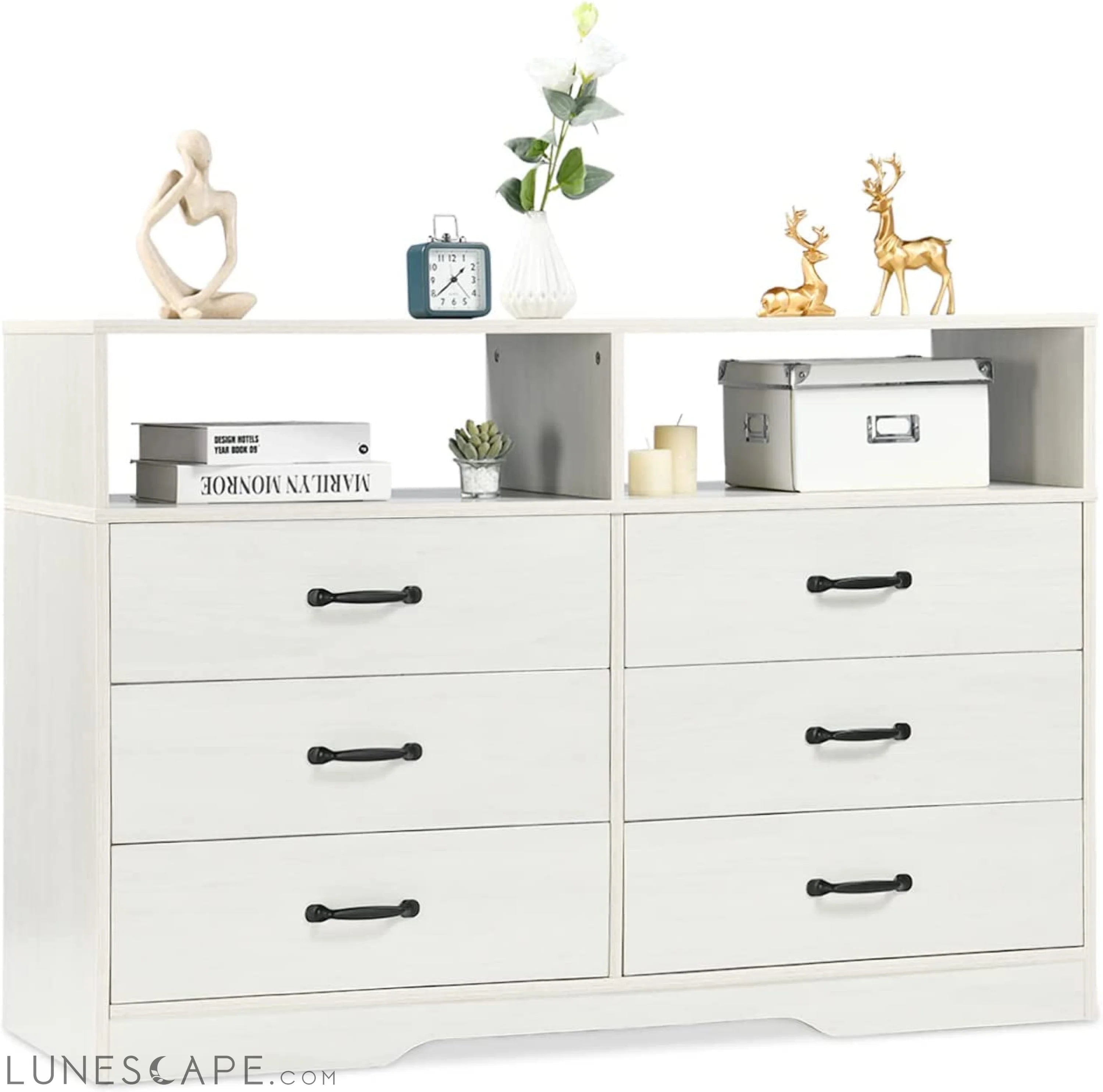 6 Drawer Dresser, White, Modern Wood with Shelves LUNESCAPE