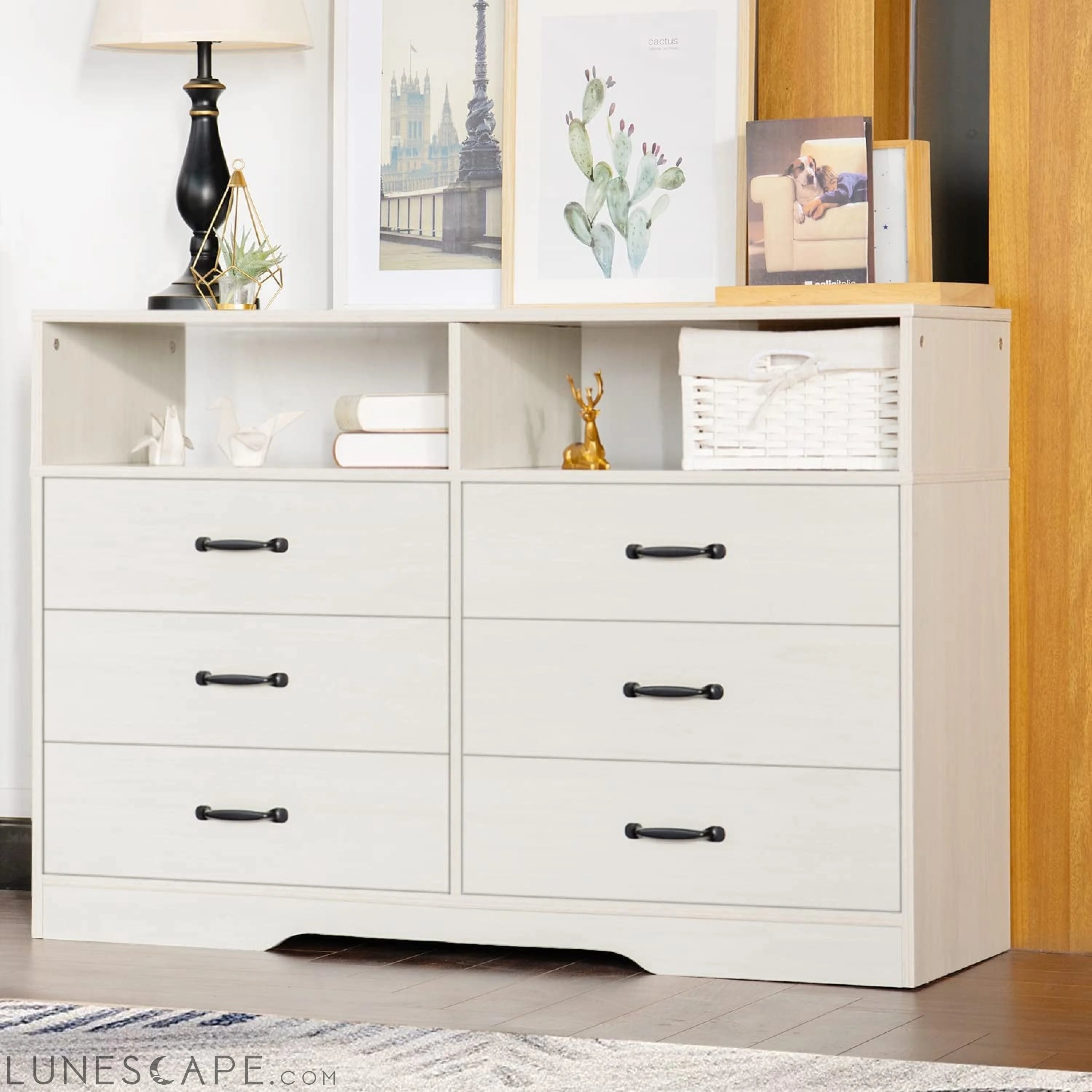 6 Drawer Dresser, White, Modern Wood with Shelves LUNESCAPE