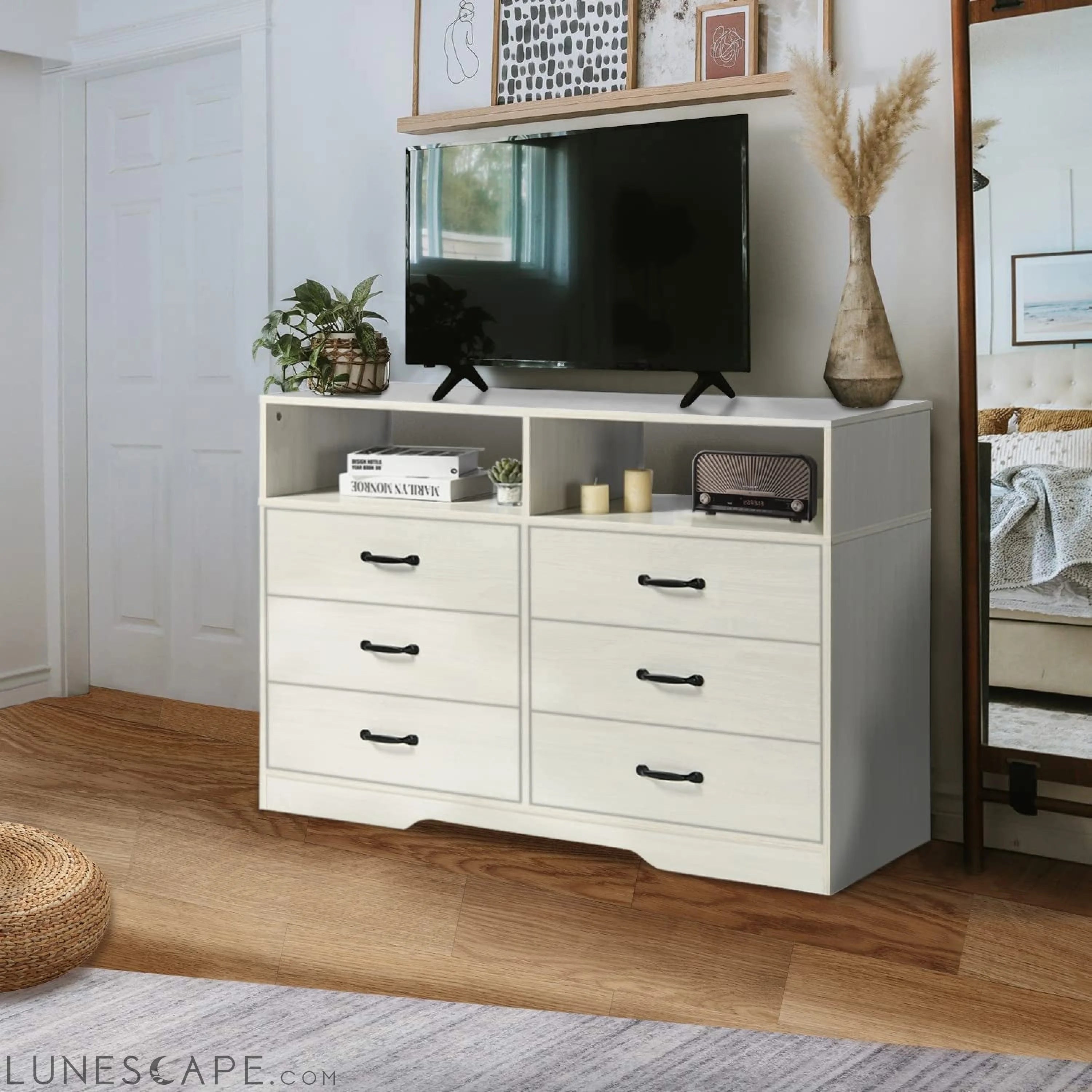 6 Drawer Dresser, White, Modern Wood with Shelves LUNESCAPE