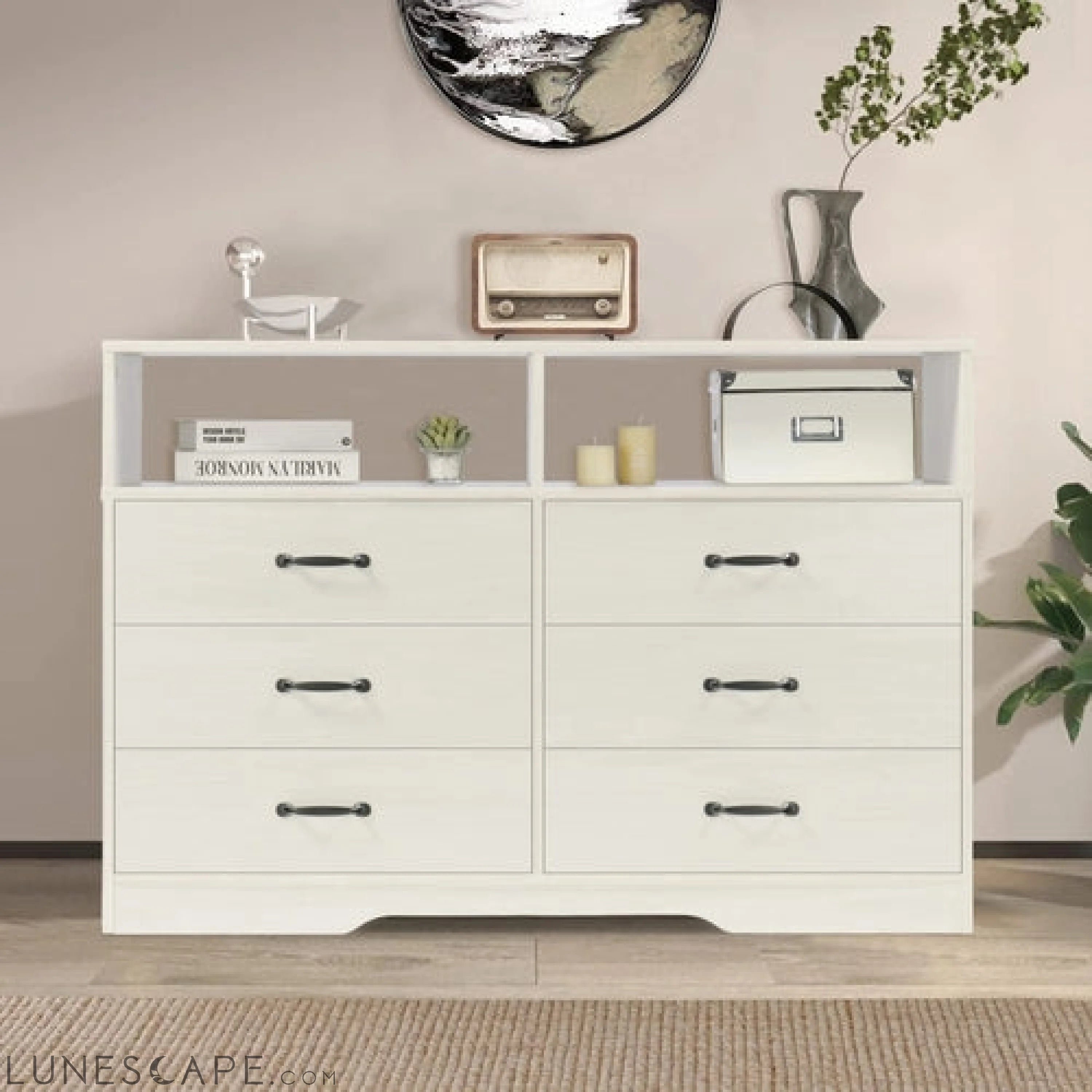 6 Drawer Dresser, White, Modern Wood with Shelves LUNESCAPE