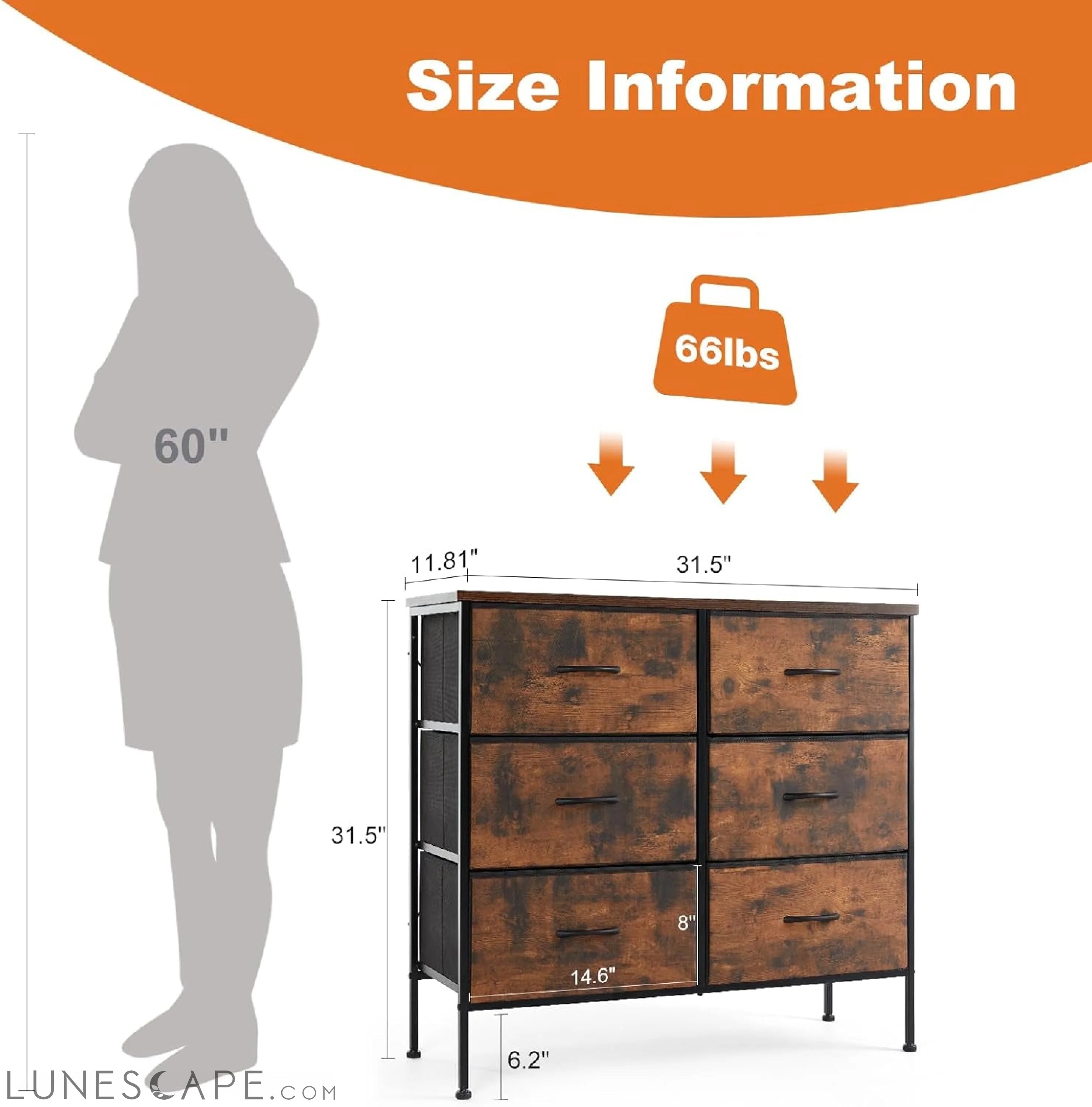 6 Drawers Dresser for Bedroom, Kidsroom Furniture, Small Chest Tower, LUNESCAPE