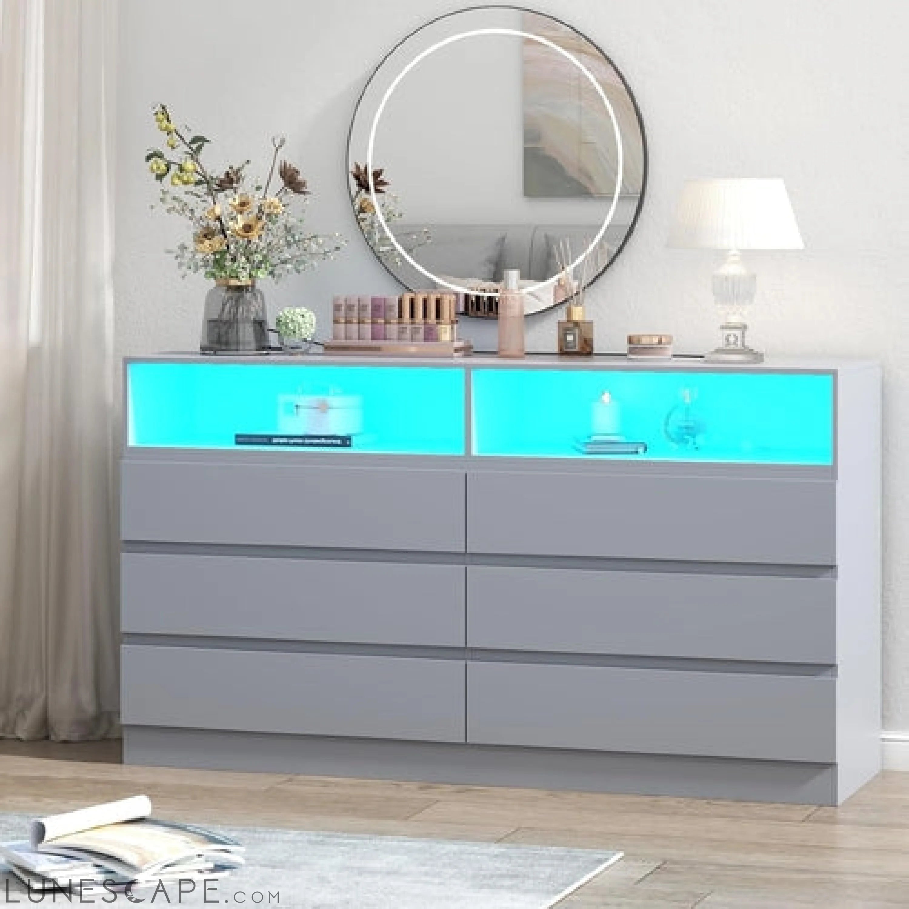6 Drawers Dresser with Power Outlet, Accent Chests of Drawers with LED LUNESCAPE