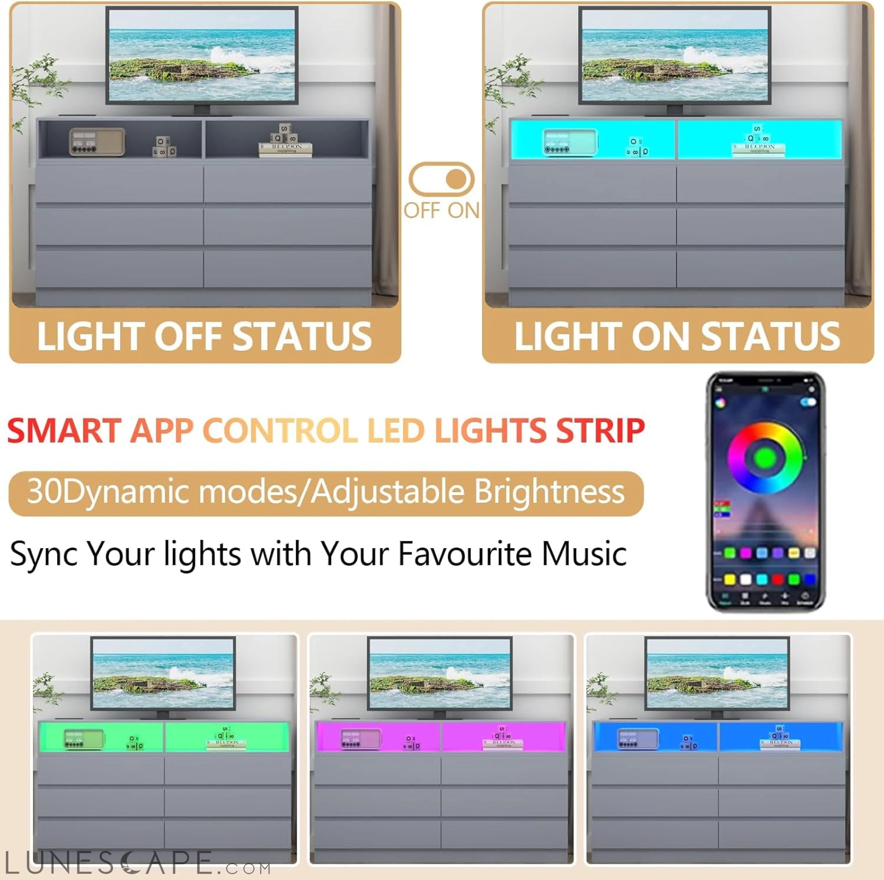 6 Drawers Dresser with Power Outlet, Accent Chests of Drawers with LED LUNESCAPE