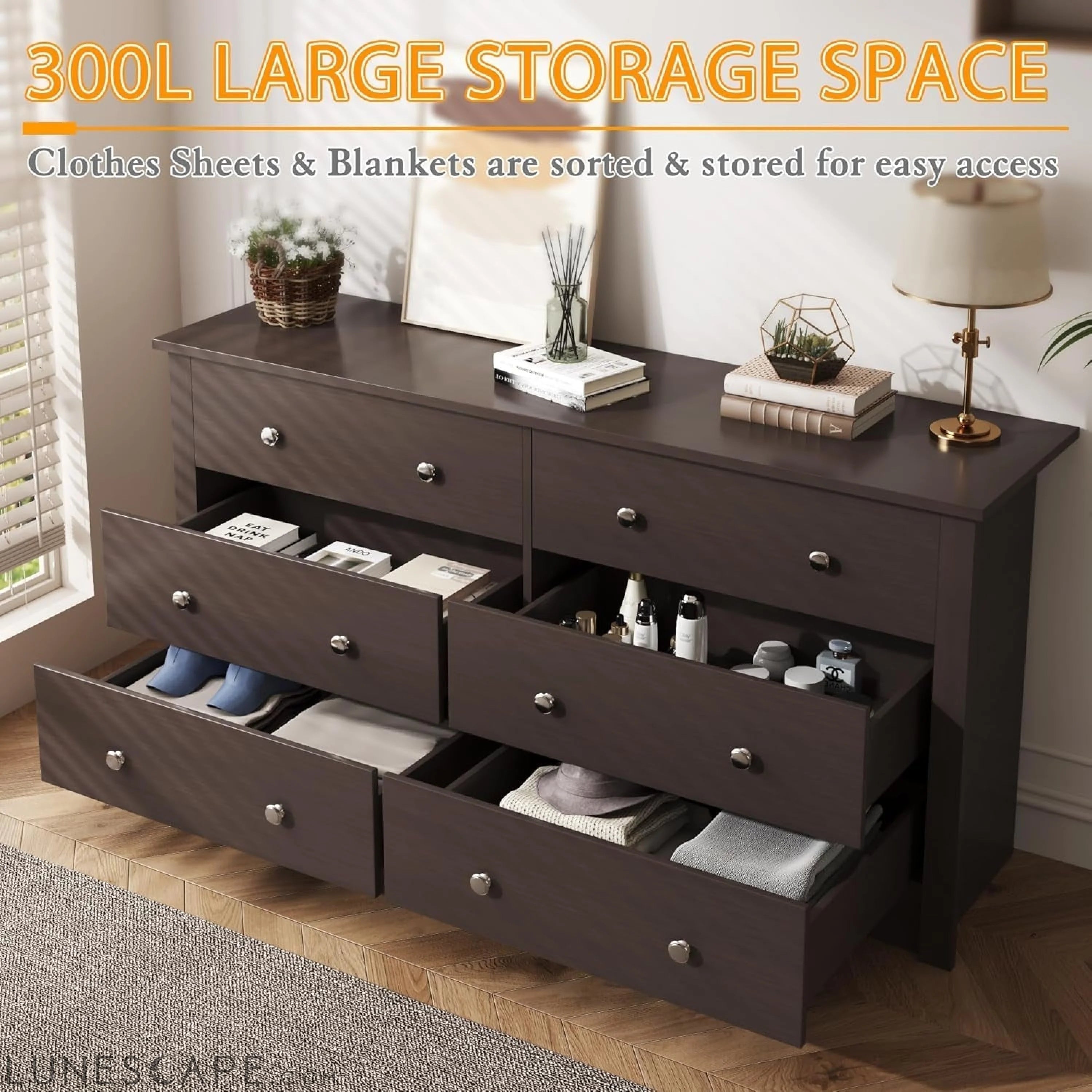 6 Wood Drawers Dresser for Bedroom, Double Dresser for TV up to 65 LUNESCAPE