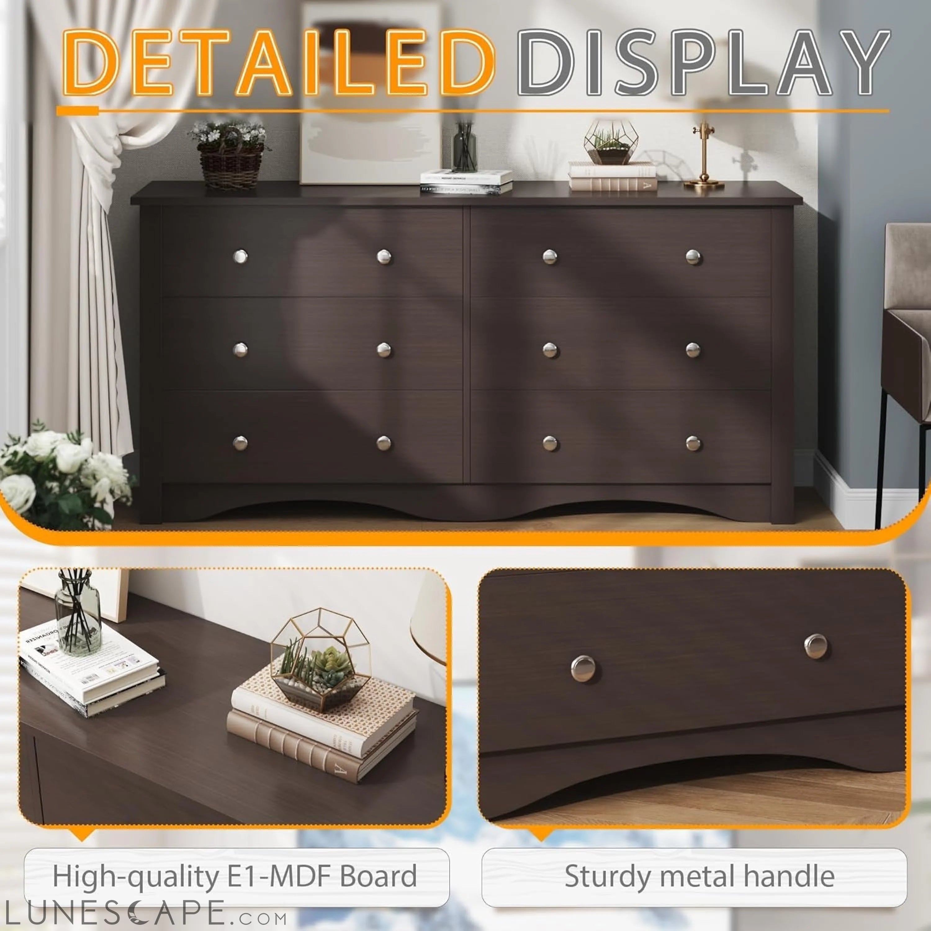 6 Wood Drawers Dresser for Bedroom, Double Dresser for TV up to 65 LUNESCAPE