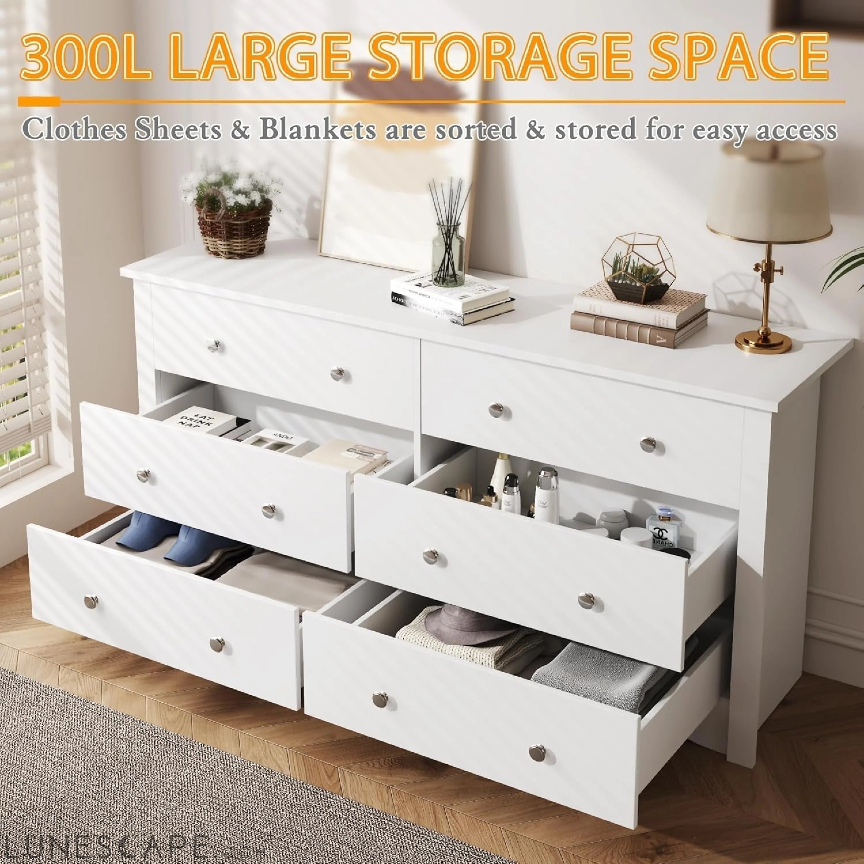 6 Wood Drawers Dresser for Bedroom, Double Dresser for TV up to 65 LUNESCAPE