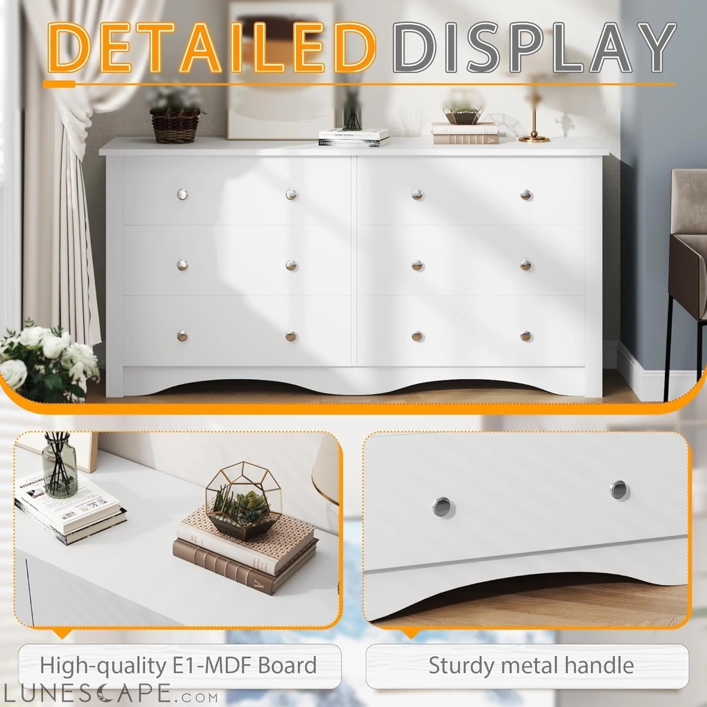 6 Wood Drawers Dresser for Bedroom, Double Dresser for TV up to 65 LUNESCAPE