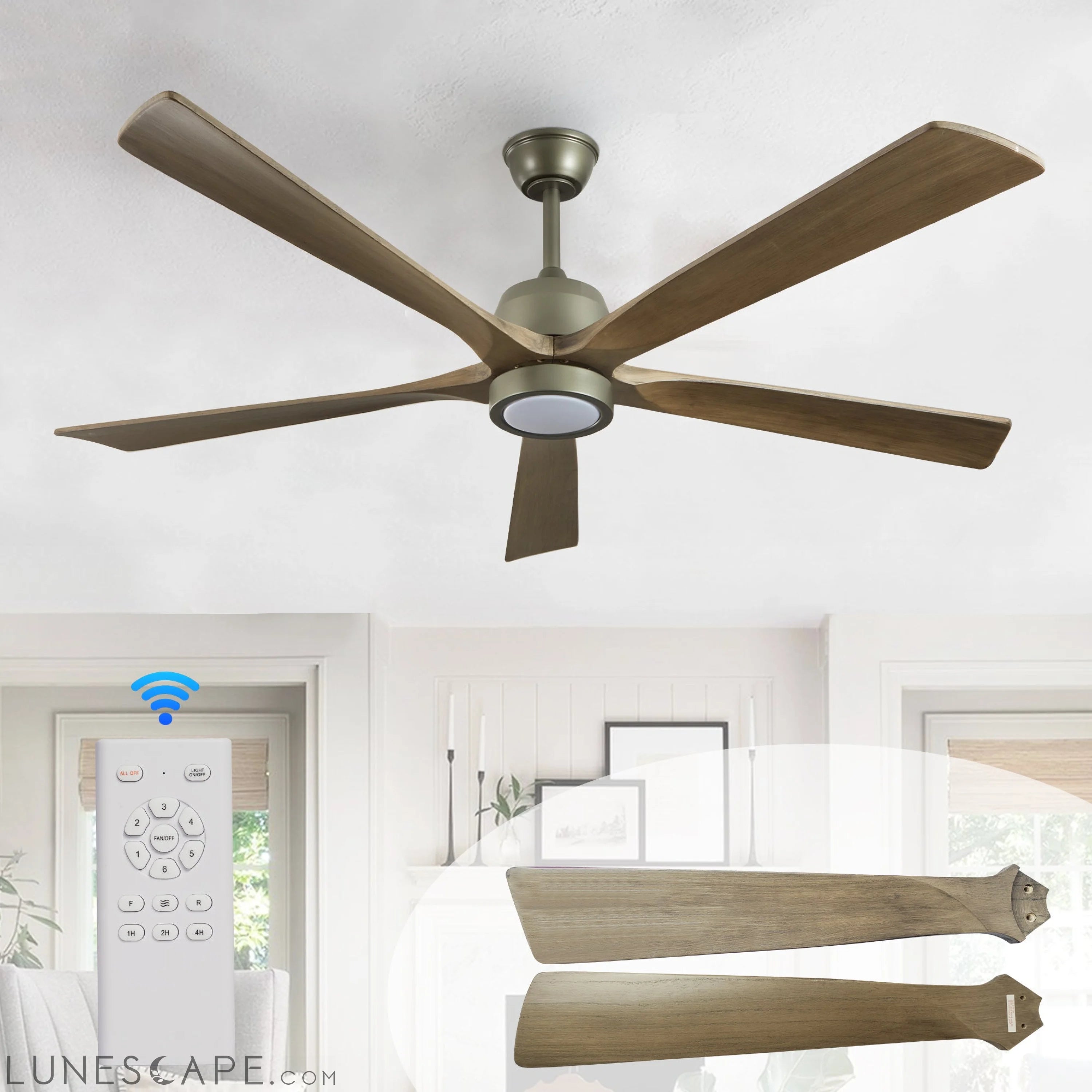 60" Modern Wood Ceiling Fan with Light and Remote Control, 6-Speed LUNESCAPE