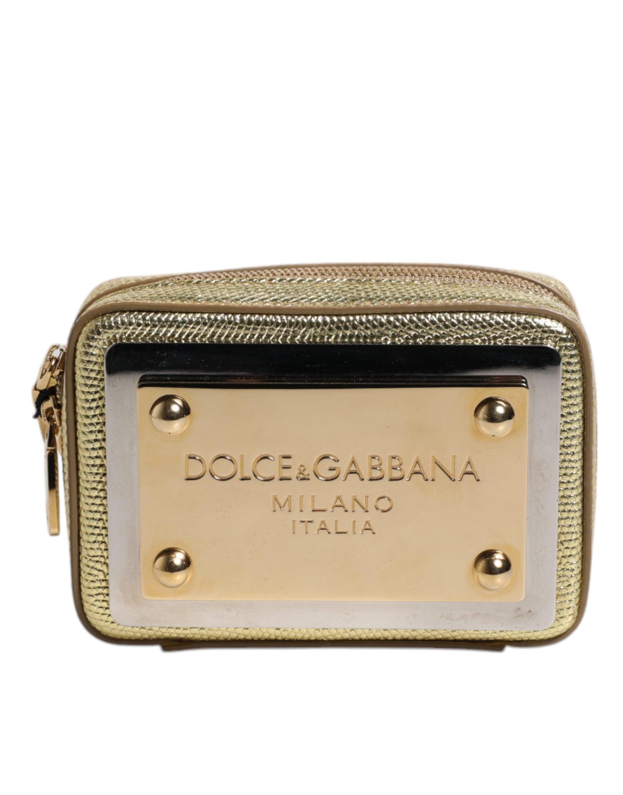 Dolce & Gabbana Gold Leather DG Logo Plaque Zip Around Clutch Bag LUNESCAPE