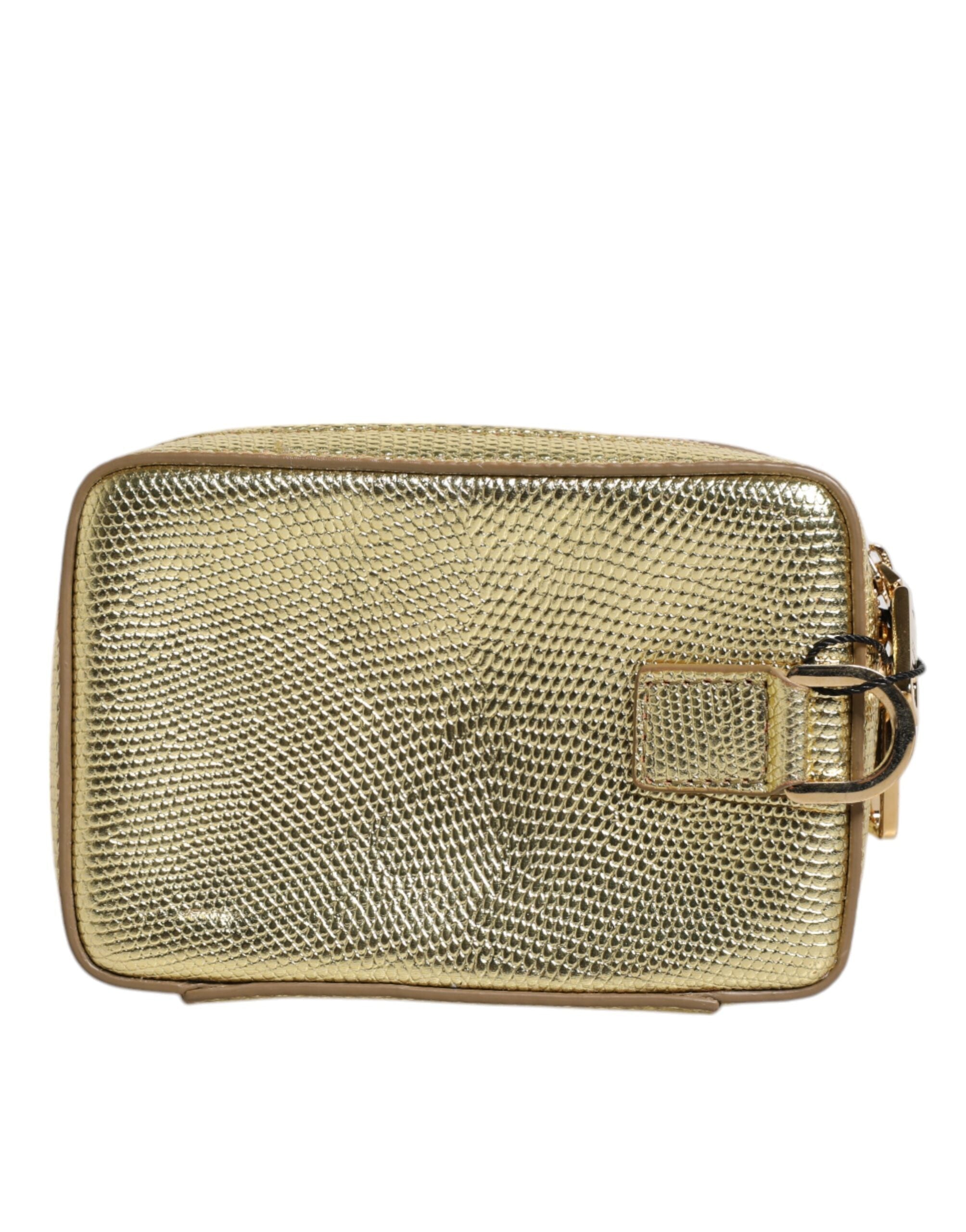 Dolce & Gabbana Gold Leather DG Logo Plaque Zip Around Clutch Bag LUNESCAPE